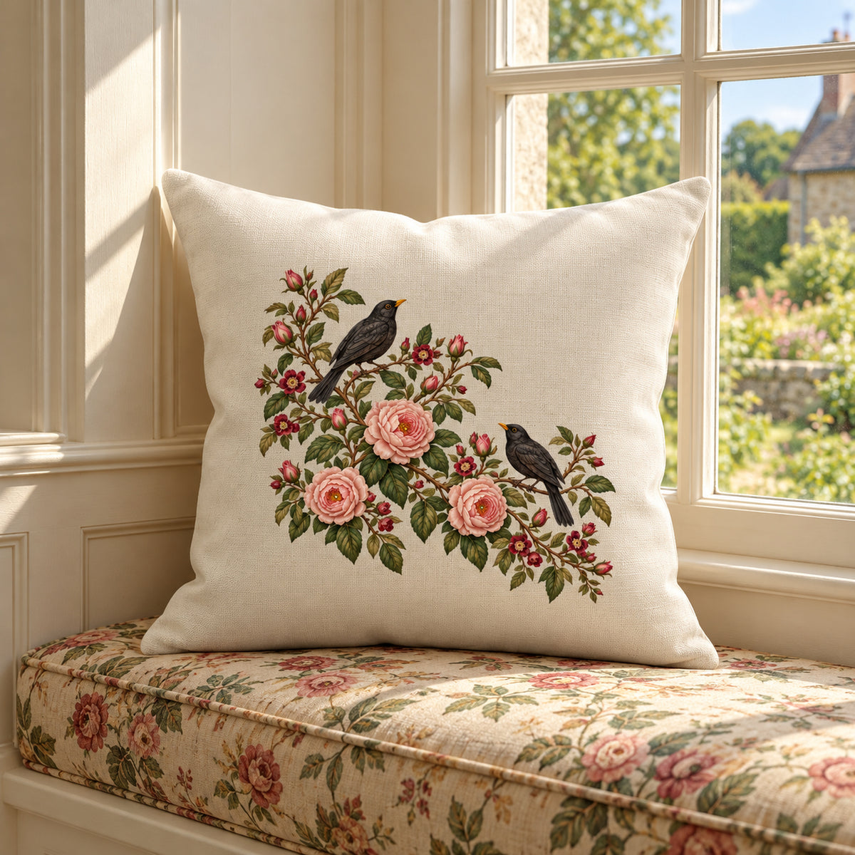 Square Rambling Rose Botanical Pillow featuring a botanical accent of two blackbirds perched among pink roses and green foliage on a floral-patterned window seat.