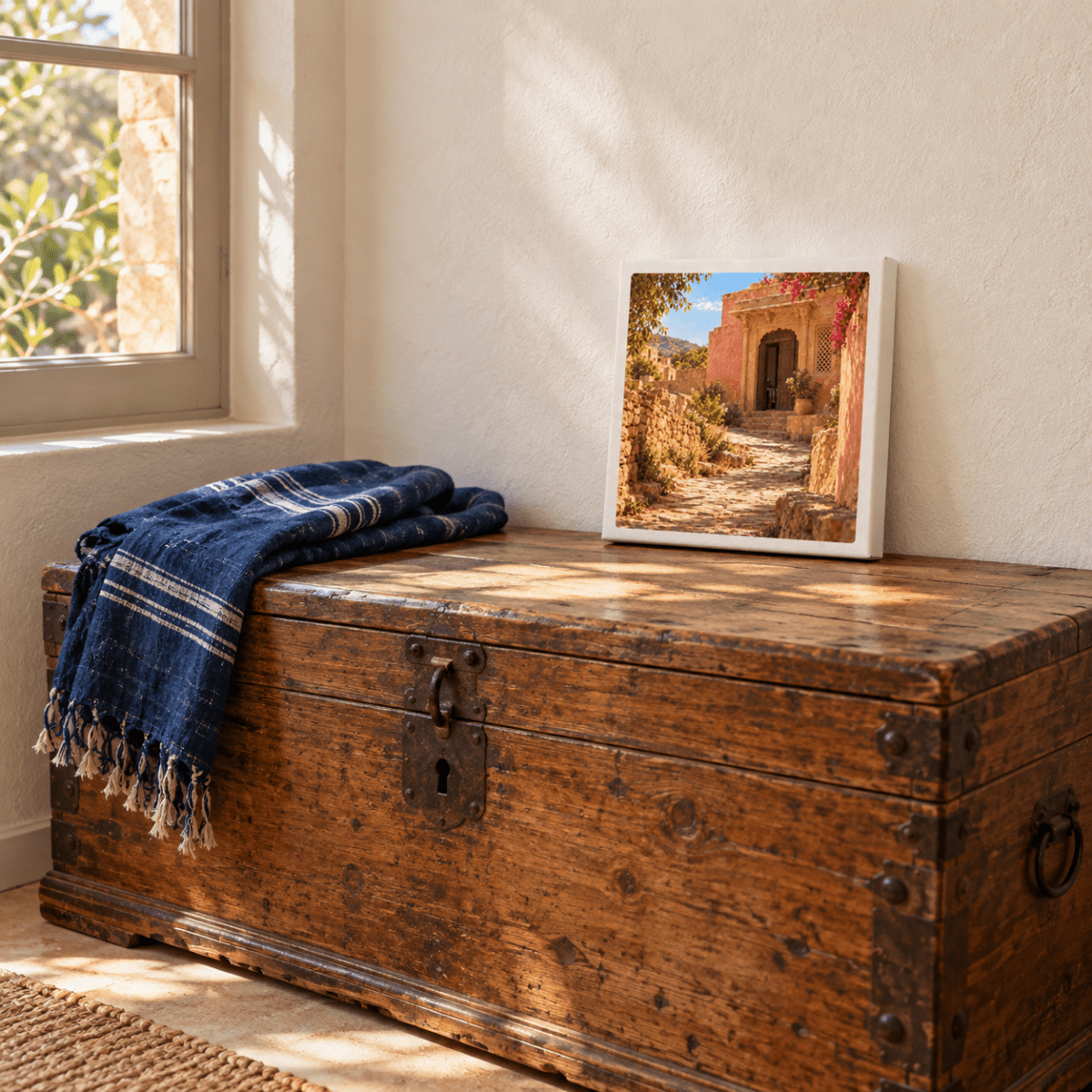 The House Ahead Canvas | Sand & Saffron framed print features a rose-toned house painting and sits on a wooden chest next to a folded blue throw blanket.