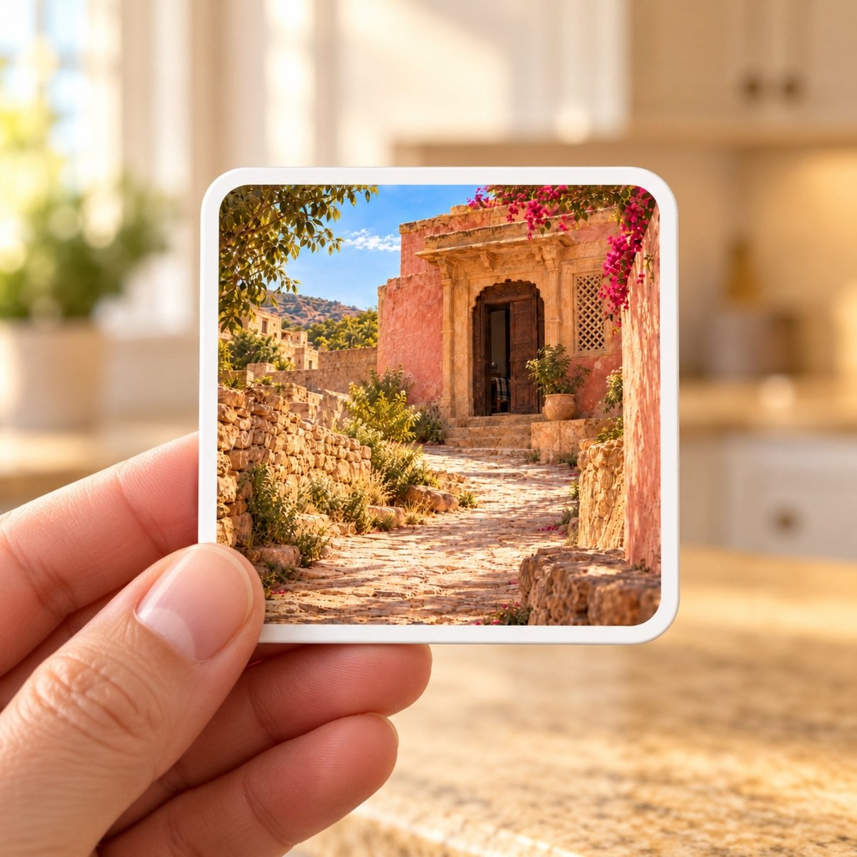 A hand holds The House Ahead Magnet from the Sand & Saffron collection, featuring an illustrated stone path leading to a pink building with a wooden door and blooming bougainvillea.