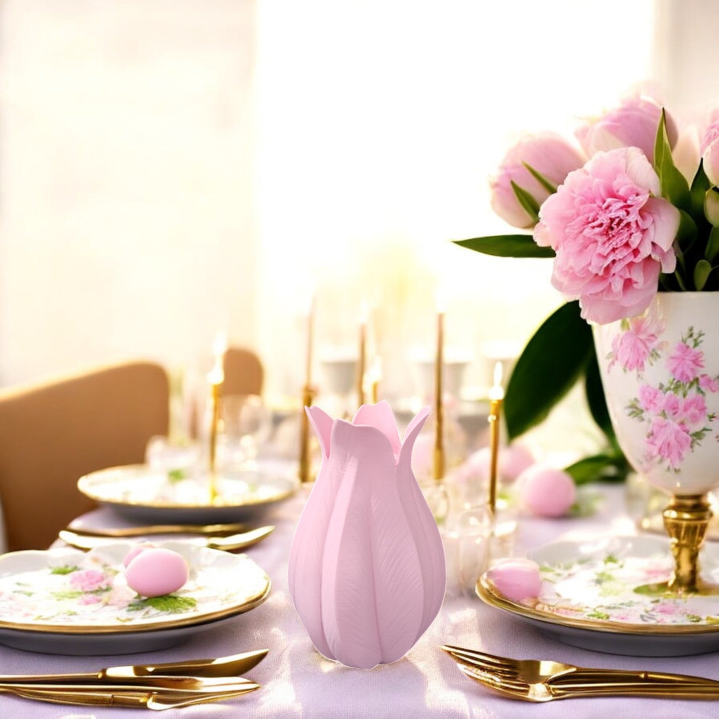 The Mirabilia Boutique Pink Tulip Vase – Decorative Accent for Easter & Mother’s Day – adds charm to any table, paired with floral china, gold cutlery, pink eggs, and a peony bouquet in sunlight.
