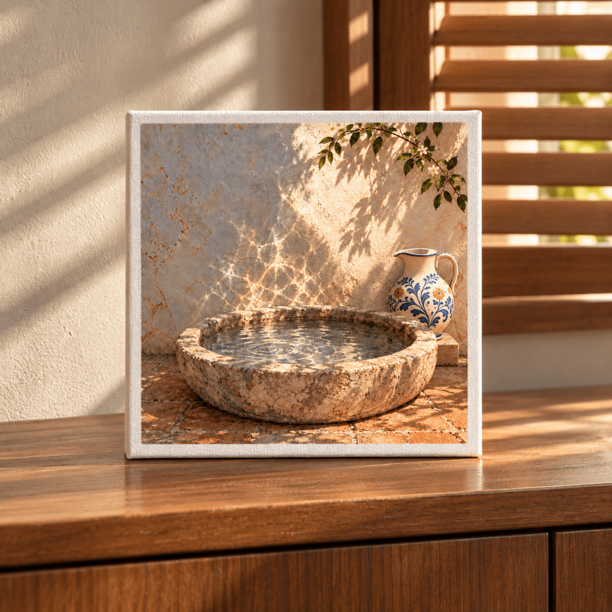 Water Against the Wall Canvas depicts a square stone basin filled with light-reflecting water positioned next to a decorative ceramic pitcher against a sunlit stucco wall.