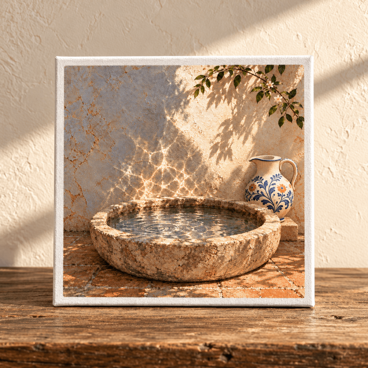 Water Against the Wall Canvas depicts a stone water basin and a painted pitcher resting against a sunlit wall, with light creating a soft water reflection.