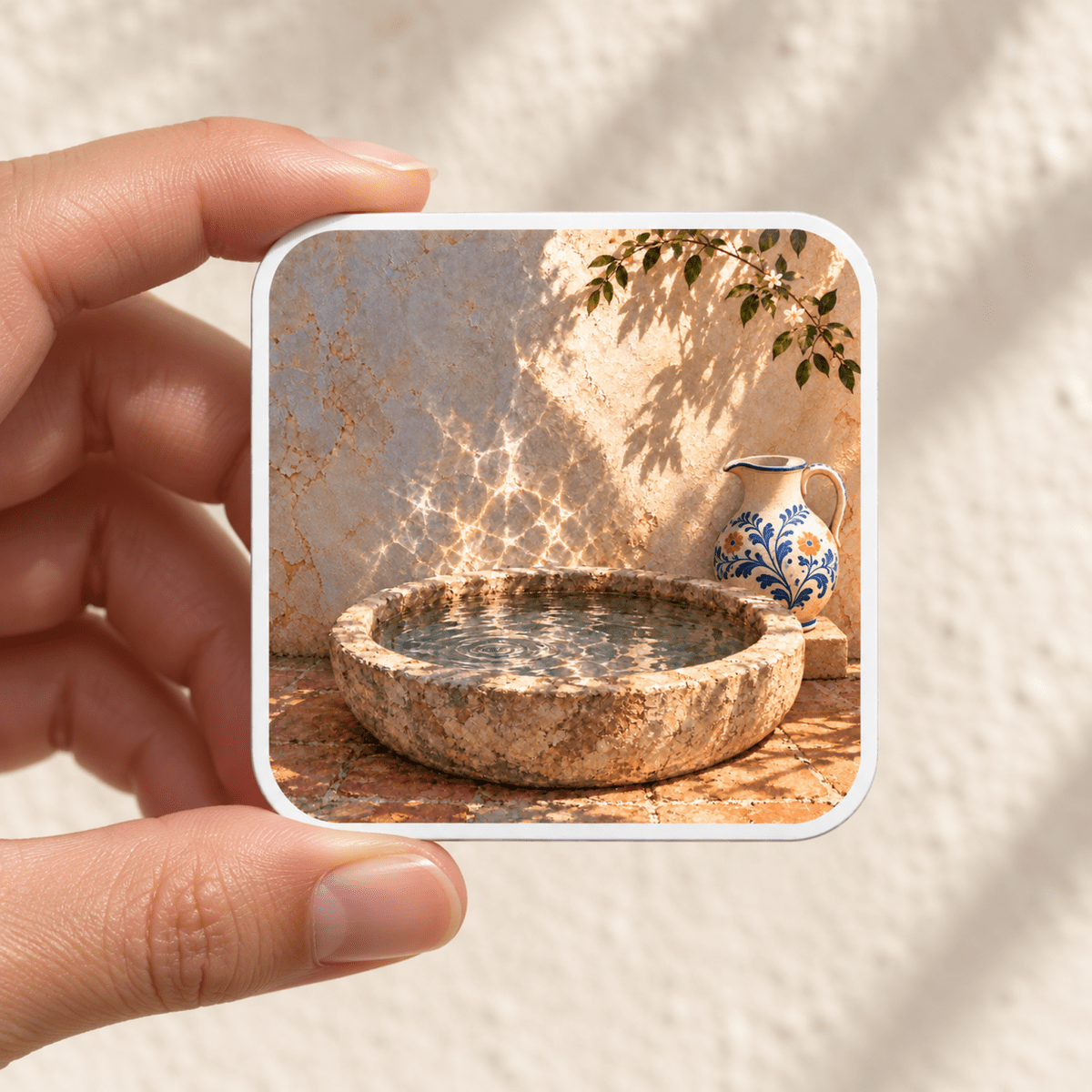 A hand holds a Water Against the Wall Magnet, a square art magnet featuring a circular stone fountain and a decorative painted pitcher, against a textured wall.