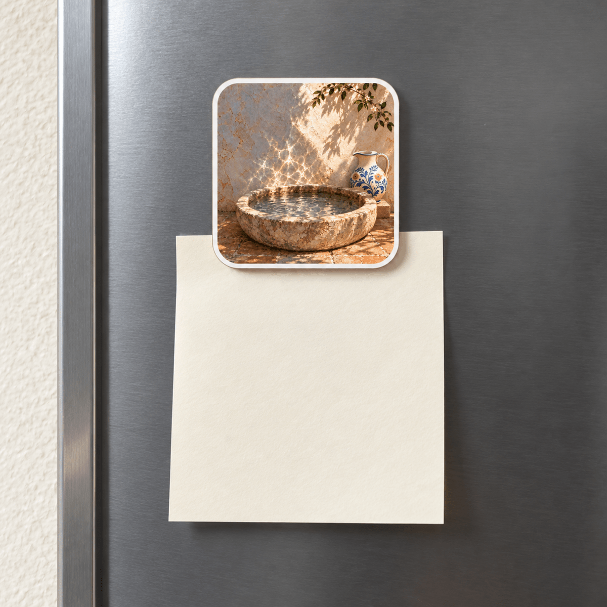 A square Water Against the Wall Magnet by Mirabilia Boutique featuring a stone basin and decorative pitcher, holding a blank piece of paper on a stainless steel appliance.