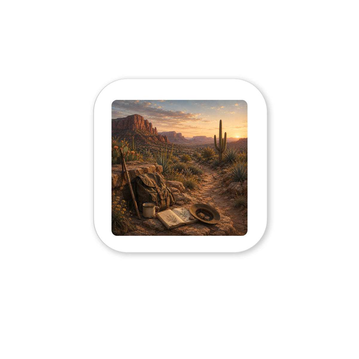 A Place to Rest Desert Magnet | Sage & Stone by Mirabilia Boutique features a sunset desert scene with cacti, mountains, and trail, plus a backpack, hat, canteen, and book—perfect as a decorative magnet.