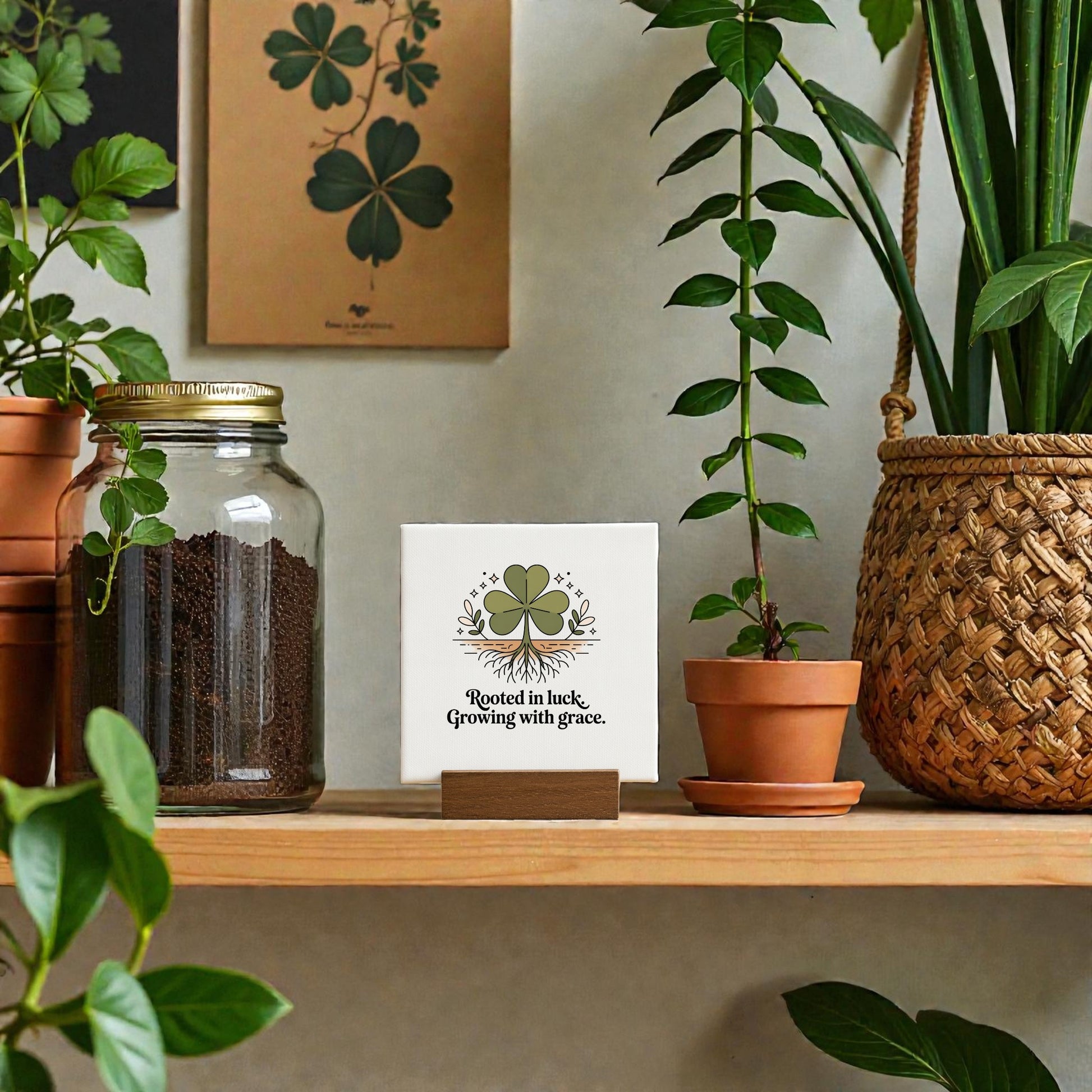 A wooden shelf with green potted plants, a glass jar, and the Mirabilia Boutique "Rooted in Luck, Growing with Grace" 4x4 canvas sign featuring a four-leaf clover. A botanical print decorates the wall in the background.