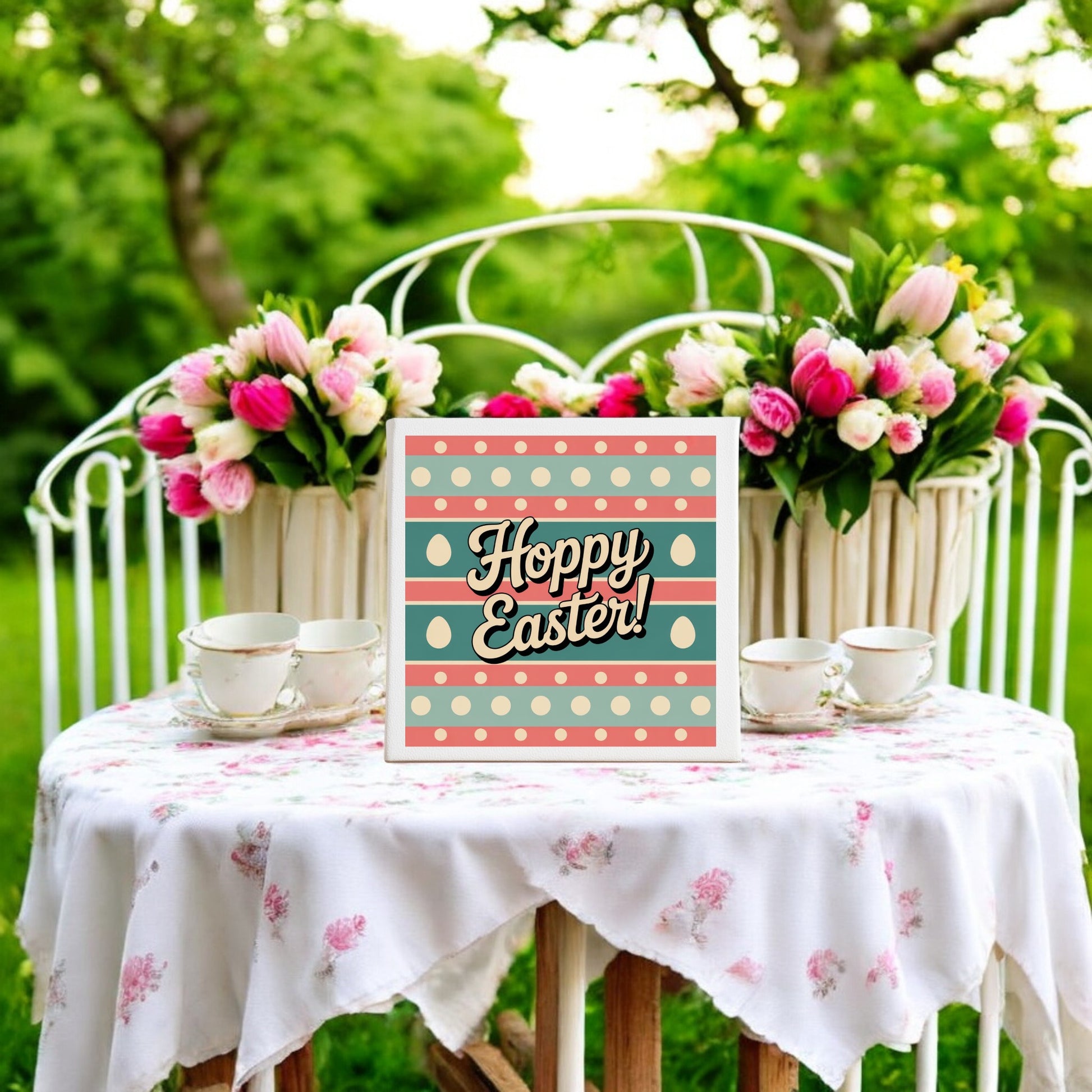 A round table with a floral cloth displays the Hoppy Easter Canvas – Retro 8x8 Spring Wall Art by Mirabilia Boutique, set outdoors among two flower bouquets and a tea set in a lush green garden.