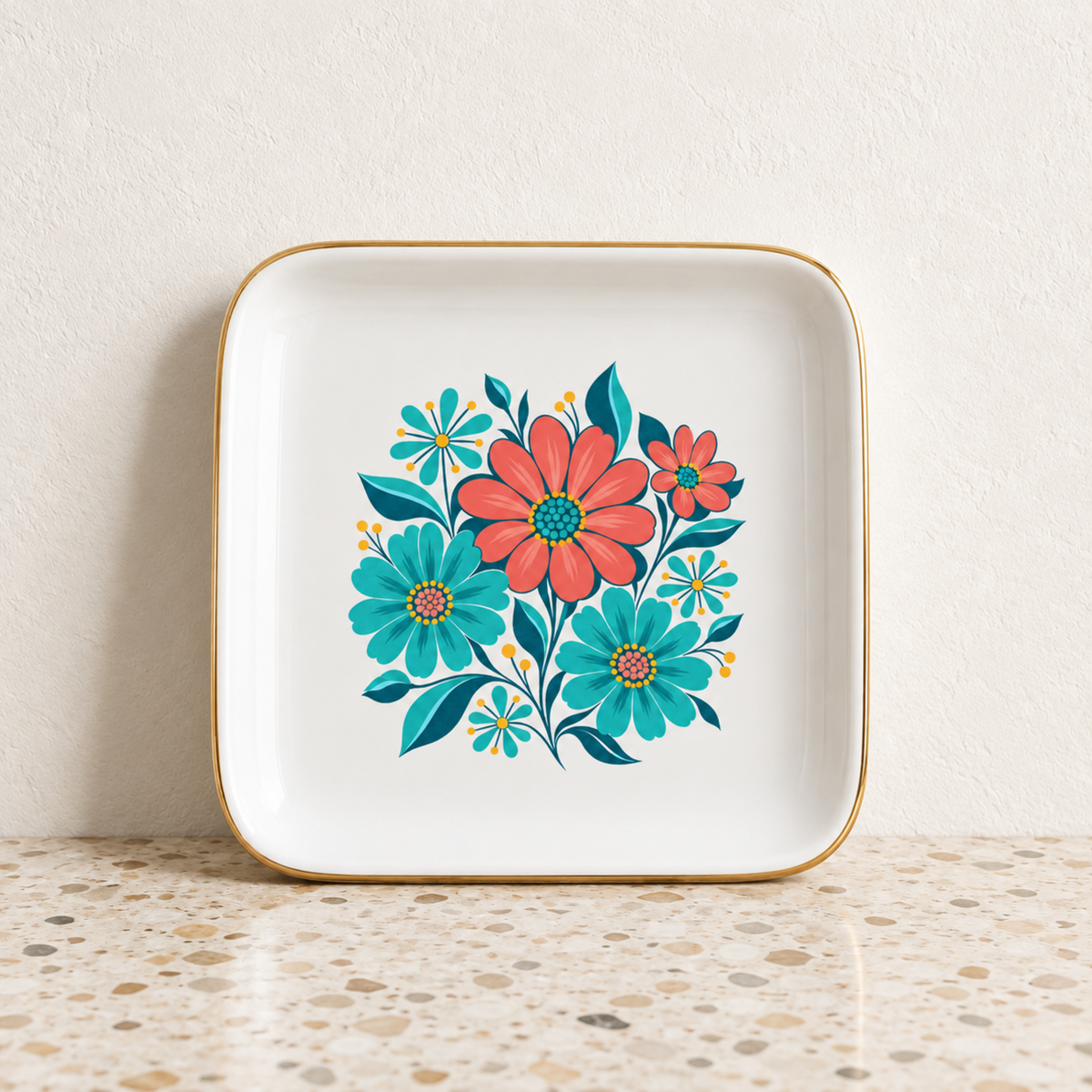 A square white ceramic Poolside Petals Ceramic Jewelry Tray with a gold rim, featuring a colorful floral illustration of teal and coral flowers in the center.