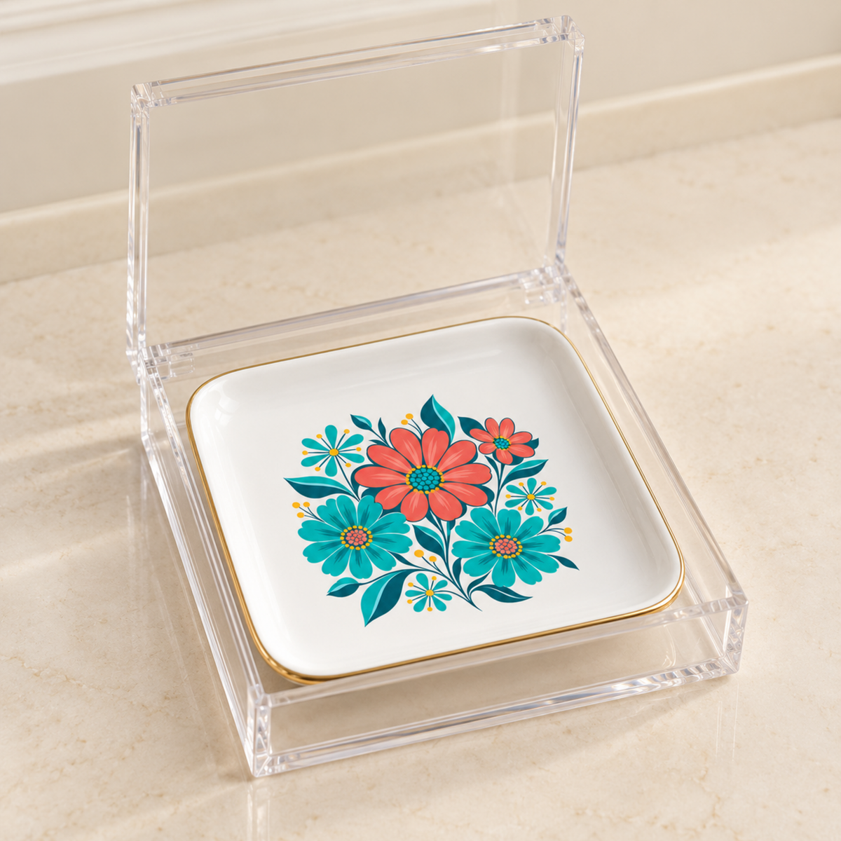 Poolside Petals Ceramic Jewelry Tray by Mirabilia Boutique, a square white ceramic dish with a colorful floral pattern inside a clear acrylic box with a hinged lid.