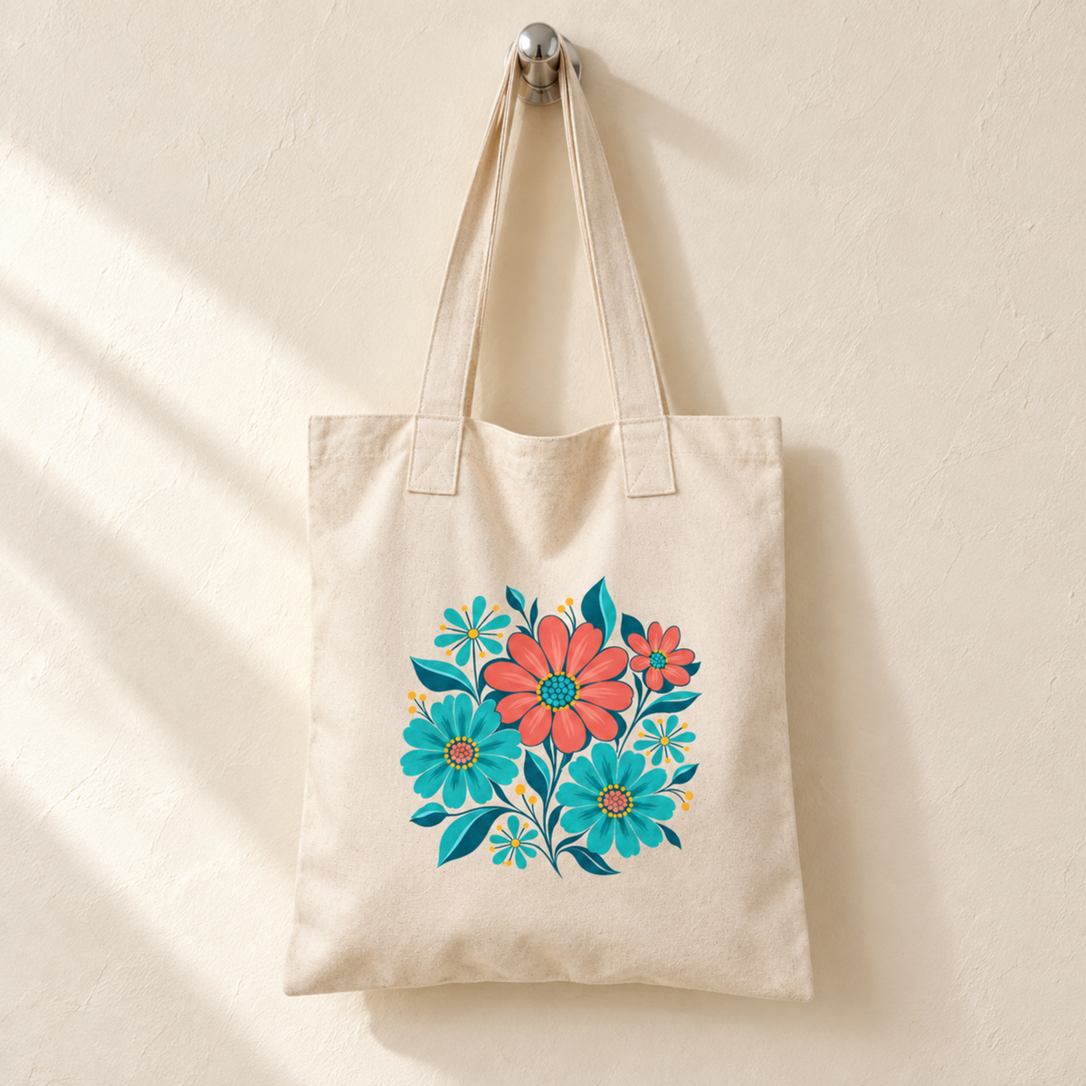 Poolside Petals Floral Tote by Mirabilia Boutique, a cream-colored canvas tote bag featuring a central illustration of coral and turquoise flowers.