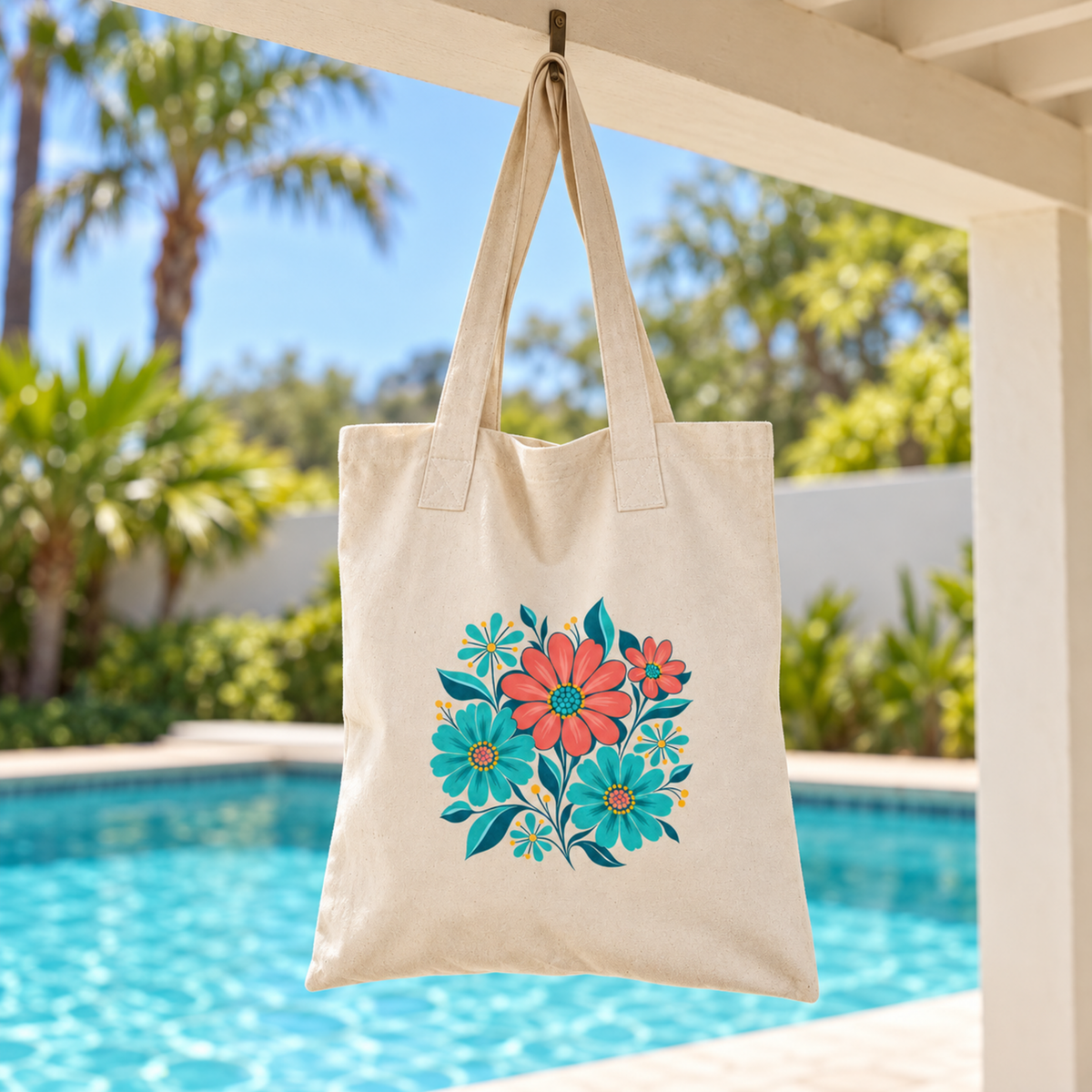 A Poolside Petals Floral Tote by Mirabilia Boutique featuring teal and coral flowers hanging in front of a swimming pool.