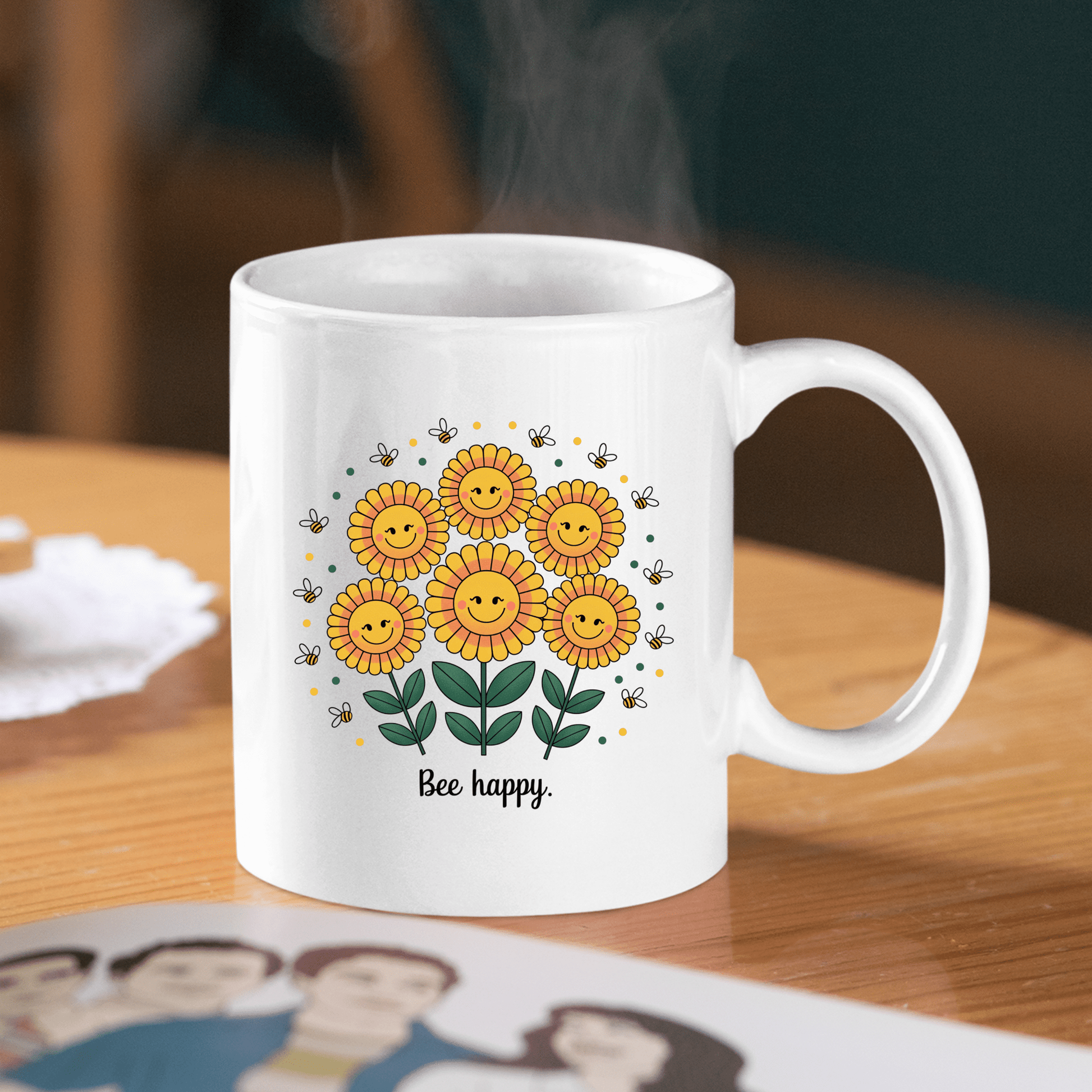 The Mirabilia Boutique Bee Happy Mug – Cheerful Sunflowers & Summer Joy features smiling sunflowers and playful bees, making it a delightful gift for any occasion. Ideal for brightening up your coffee time or gifting to someone special.