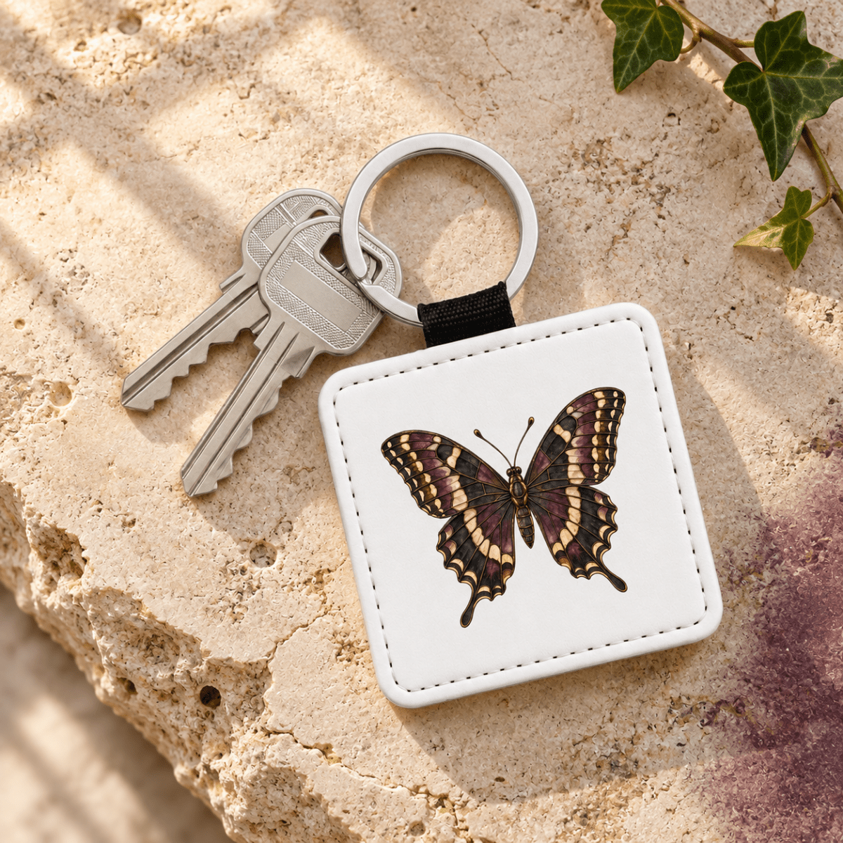 A silver keyring with two keys is attached to the Stained Glass Swallowtail Keychain by Mirabilia Boutique—a white square keychain from Velvet Ruins featuring a detailed butterfly illustration—elegantly displayed on a textured stone surface beside green ivy leaves, making it a thoughtful butterfly gift.