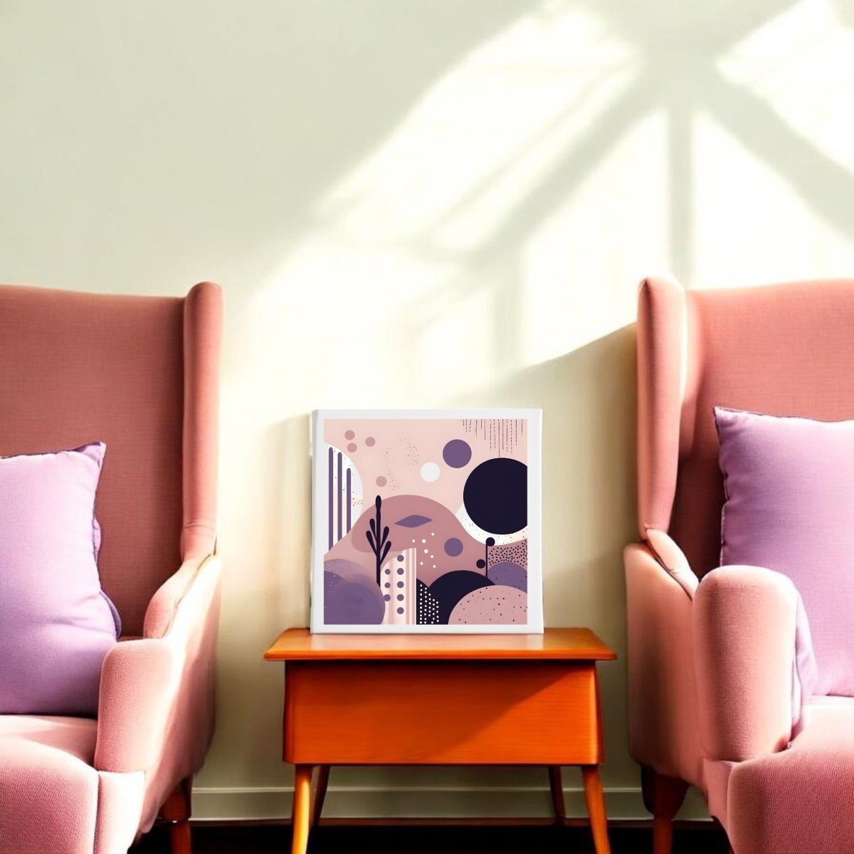 A Purple Dusk Mid Century Modern Canvas by Mirabilia Boutique hangs above two pink armchairs with lavender pillows, while sunlight streams through a window, casting shadows on a cream wall.