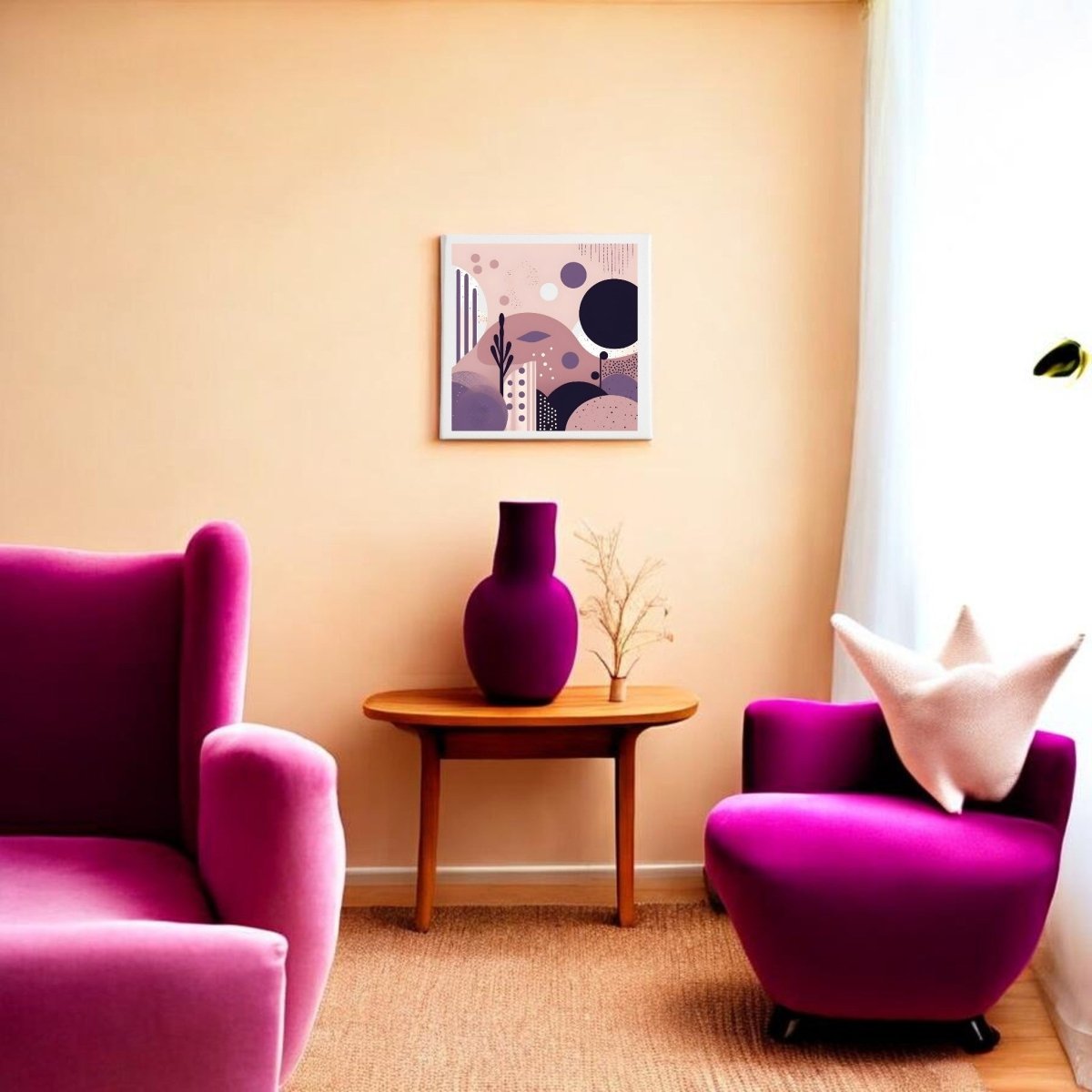 A modern living room features pink armchairs, a wooden table with a purple vase and dried branch, and Mirabilia Boutique’s “Purple Dusk Mid Century Modern Canvas” art on a beige wall. Sunlight streams through sheer curtains.
