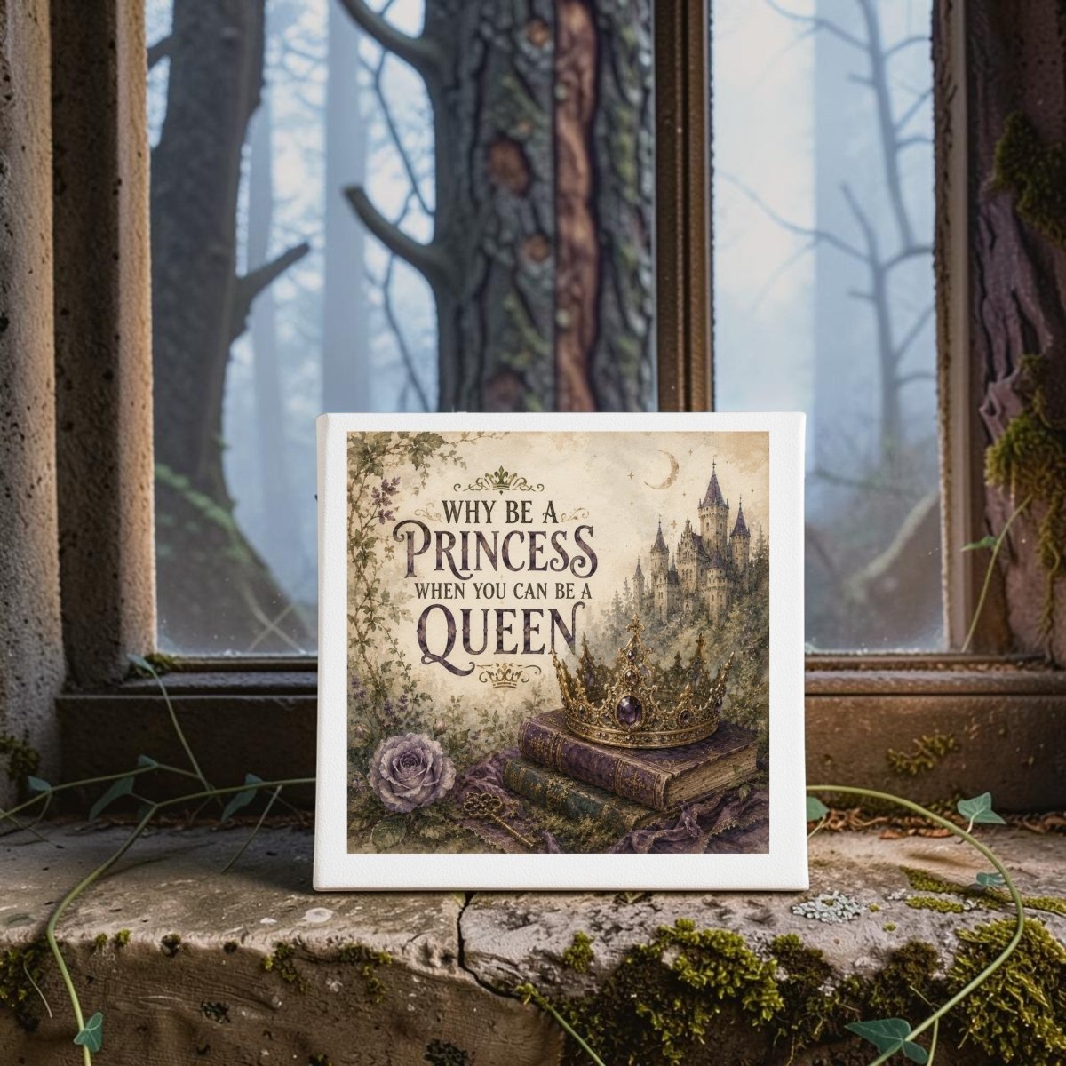 On a mossy windowsill sits the "Why Be a Princess When You Can Be a Queen Canvas" by Mirabilia Boutique, featuring elegant wall art with a crown, books, rose, and castle in the background. Forest trees are visible through the aged window, creating an enchanting scene for this inspirational decor piece.