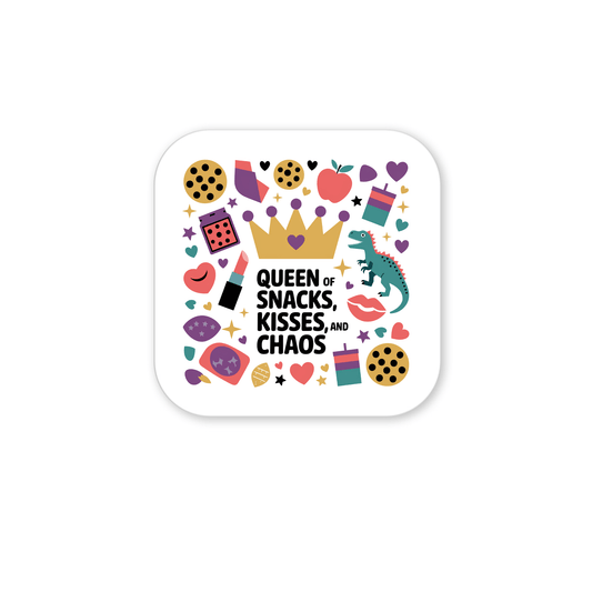 The Queen of Snacks Magnet from Mirabilia Boutique features a colorful design with cookies, hearts, kisses, a crown, toy dinosaur, presents, and stars—perfect as a funny mom life gift or whimsical refrigerator decor!.
