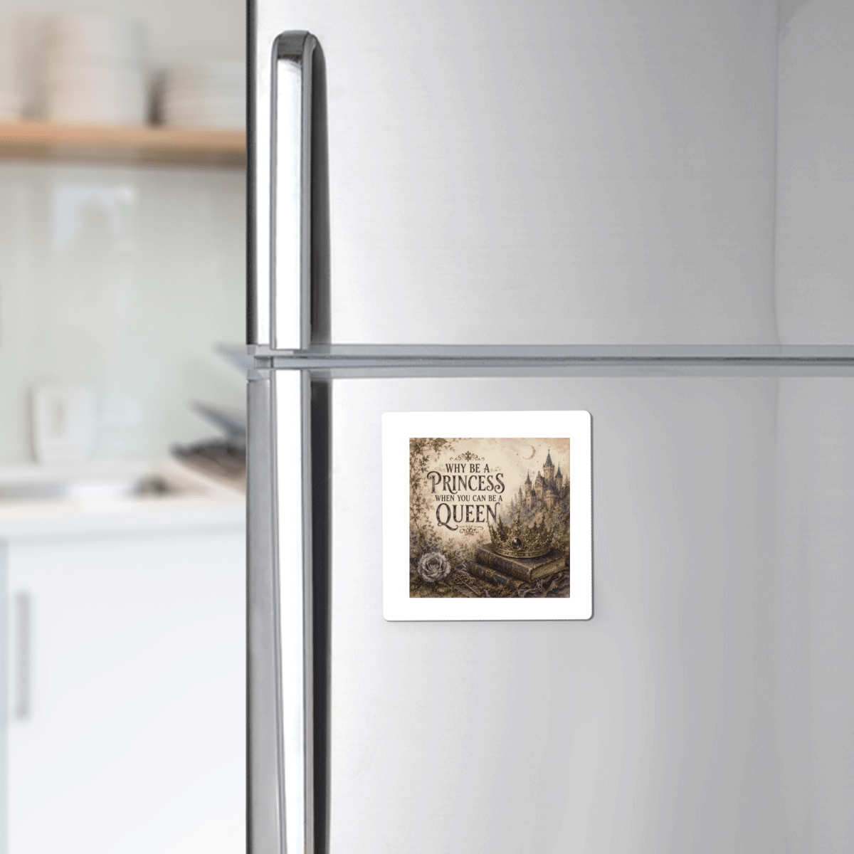 Add a touch of fairytale charm to your kitchen with the Mirabilia Boutique Why Be a Princess When You Can Be a Queen Magnet, a square queen-themed magnet featuring an illustrated castle and nature scene.