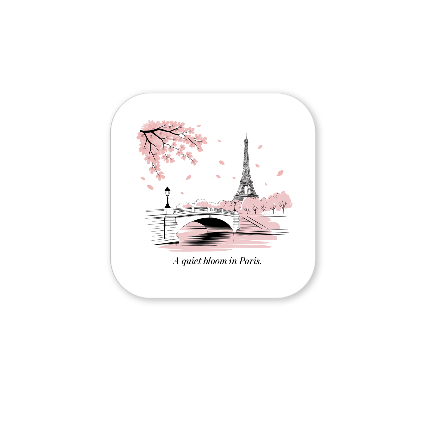 The "A Quiet Bloom in Paris – Cherry Blossom Magnet" by Mirabilia Boutique features an elegant Eiffel Tower, bridge, and cherry blossoms—perfect as unique Paris decor or a stylish addition to your magnet collection.