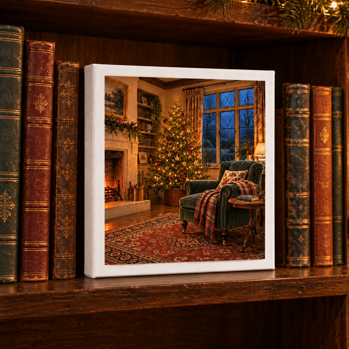 A square While the House Sleeps Canvas by Mirabilia Boutique, showing a cozy English sitting room with a lit Christmas tree and fireplace, displayed on a wooden bookshelf between antique books.