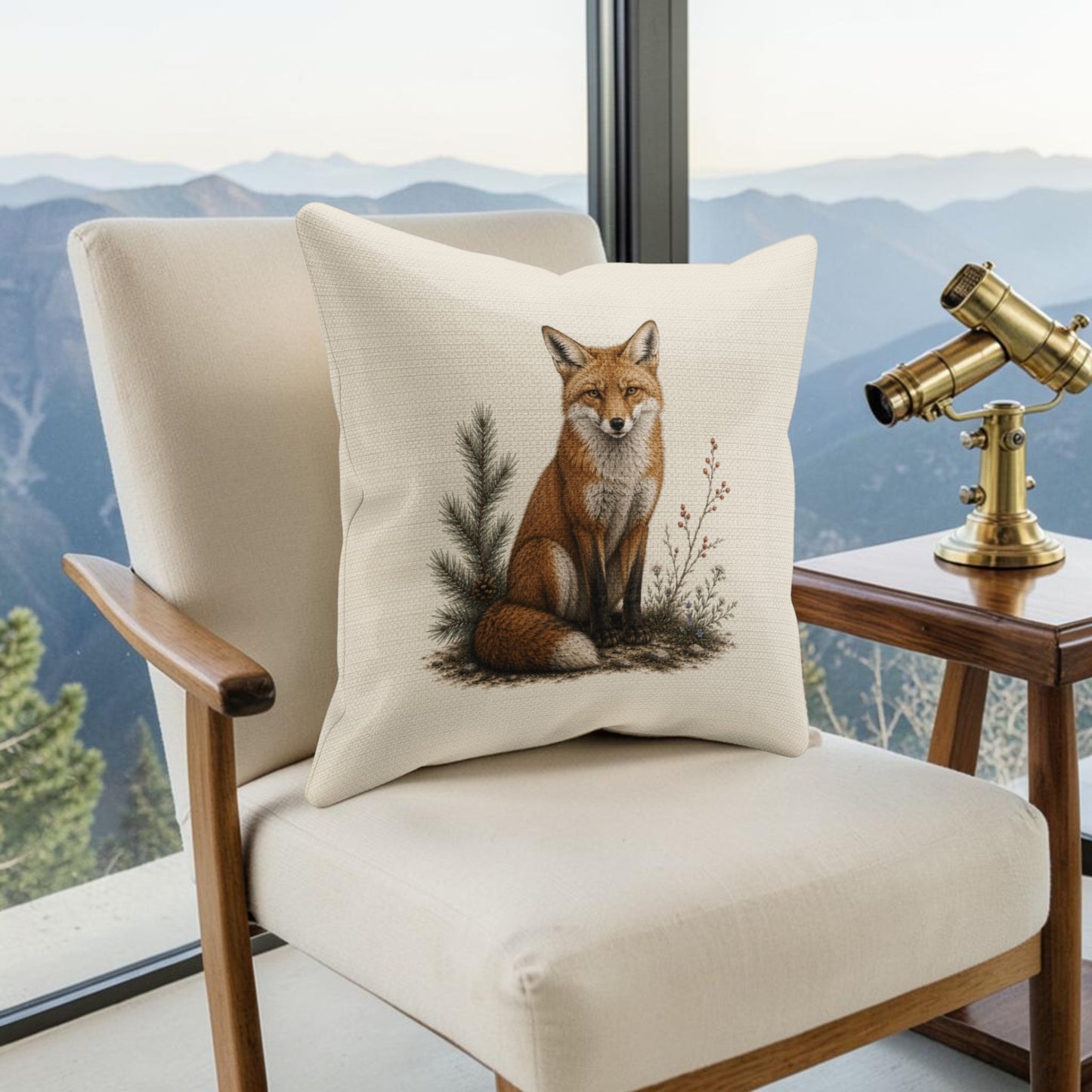 A cream armchair with the Mirabilia Boutique Quiet Fox Decorative Pillow | 16x16 Woodland Decor rests by a large window overlooking mountains. A brass telescope sits on a small table beside the chair.