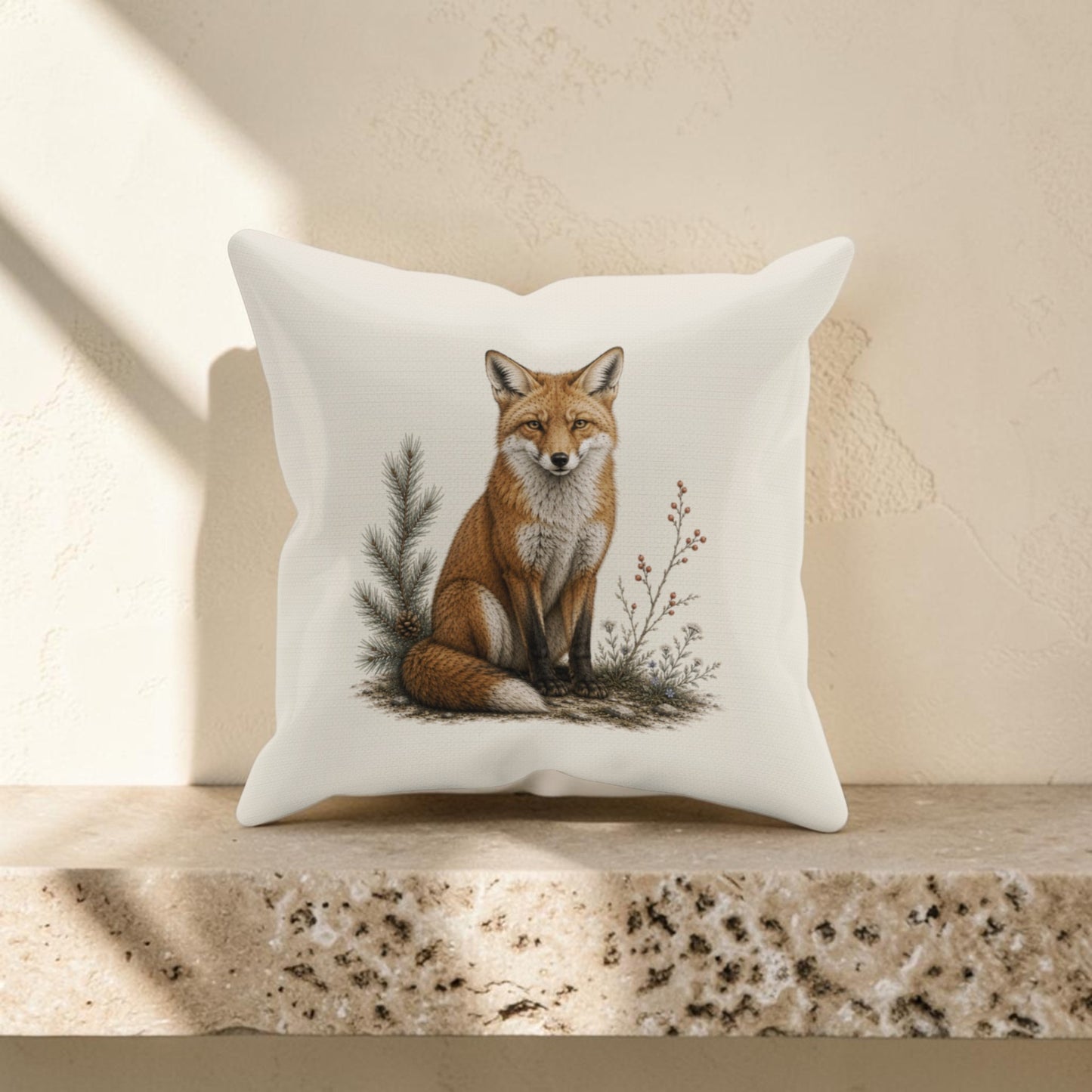 The Quiet Fox Decorative Pillow by Mirabilia Boutique features an illustration of a red fox sitting beside small plants, displayed on a stone shelf against a textured beige wall with sunlight casting soft shadows. This 16x16 woodland decor accent adds a serene touch to any space.