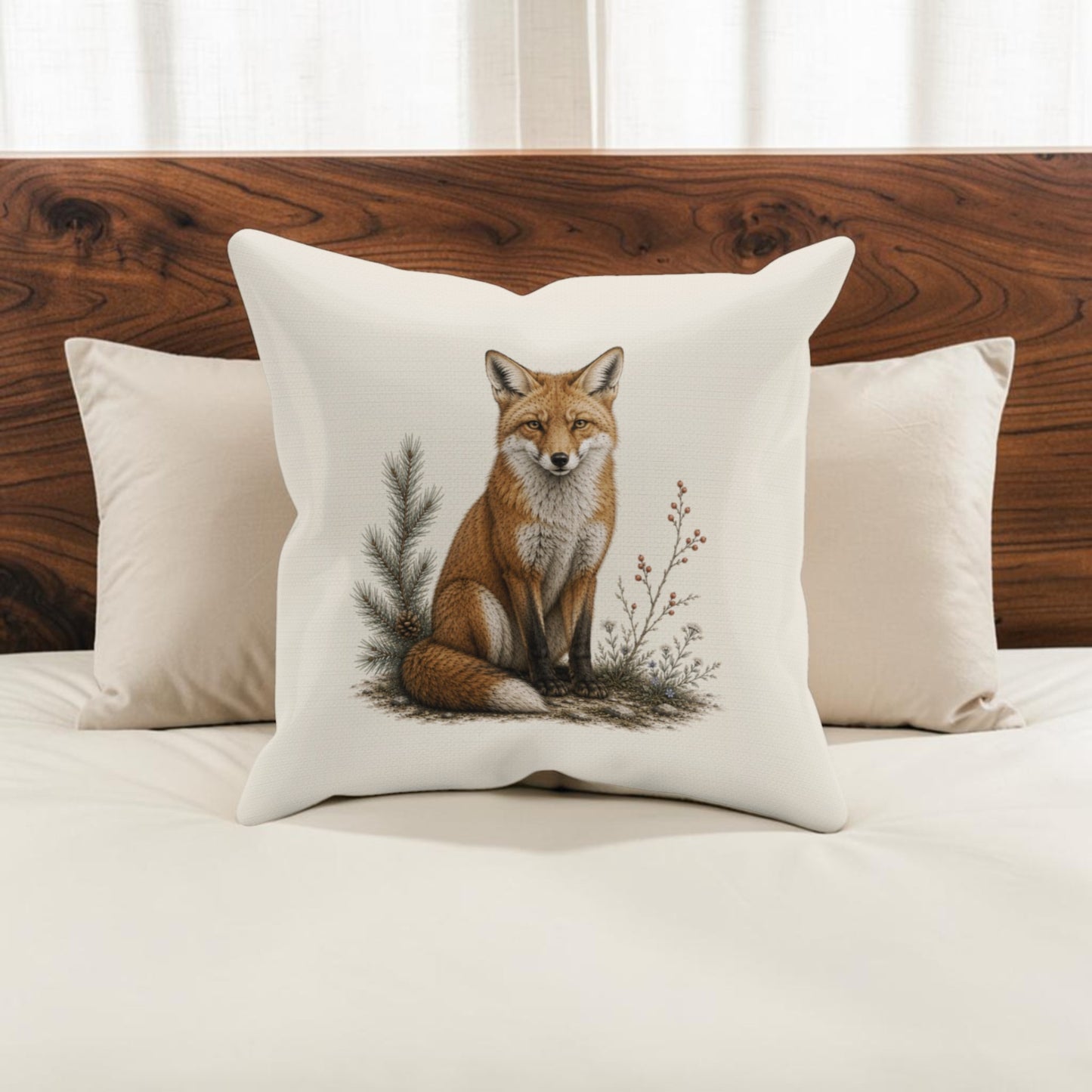 The Quiet Fox Decorative Pillow | 16x16 Woodland Decor by Mirabilia Boutique, featuring an illustration of a fox and plants, is displayed on a bed with a wooden headboard and two beige pillows in the background.