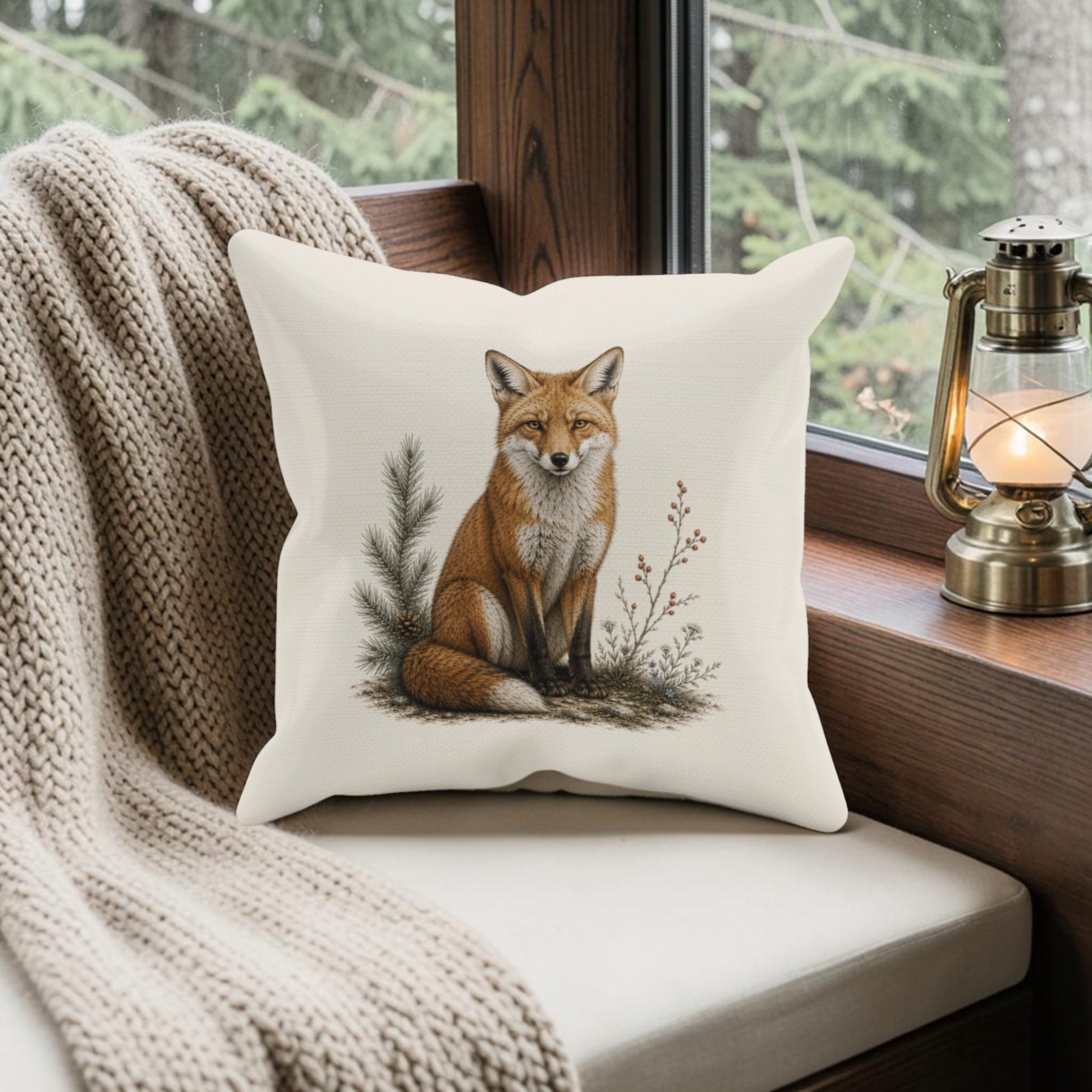 The Quiet Fox Decorative Pillow | 16x16 Woodland Decor by Mirabilia Boutique rests on a window seat beside a beige knit blanket and a glowing lantern, its detailed fox illustration complemented by the pine trees visible through the window.