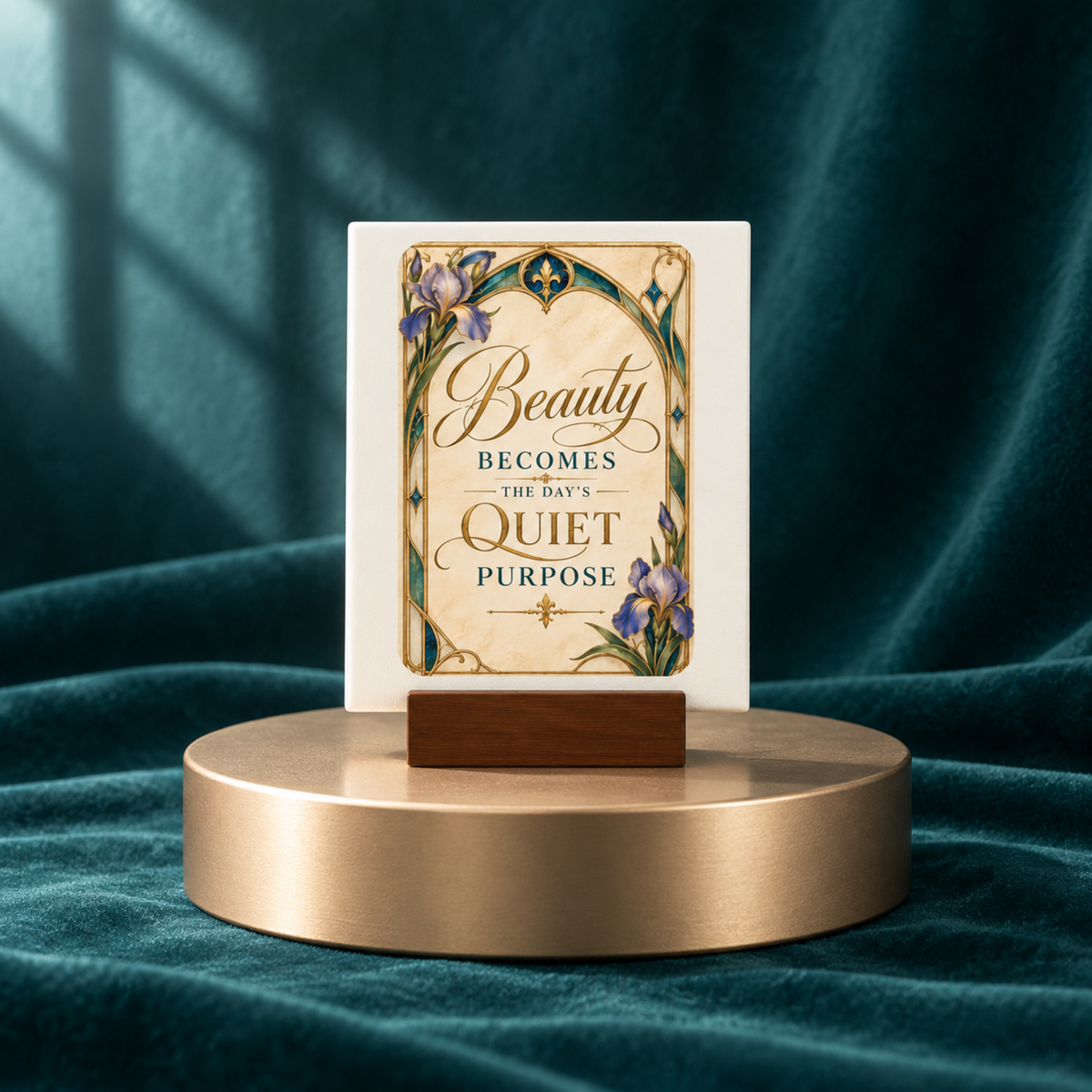 The Beauty Becomes The Day’s Quiet Purpose Mini Sign by Mirabilia Boutique features graceful floral Art Nouveau accents and the phrase “Beauty becomes the day’s quiet purpose,” elegantly displayed on a bronze stand against a deep green, velvety background.