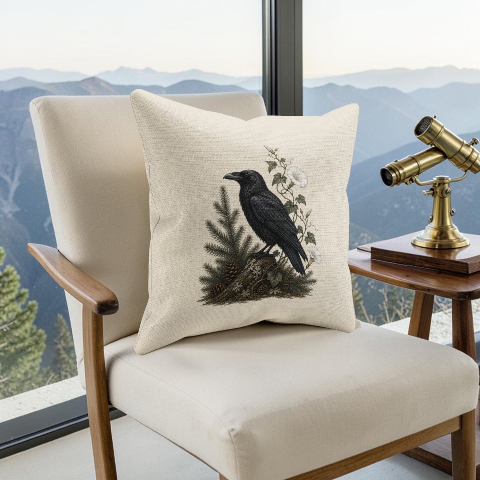 A beige armchair brings an evergreen home decor touch, featuring the Mirabilia Boutique Quiet Raven Decorative Pillow | 16x16 Woodland Decor, adorned with a botanical print. Beside it stands a wooden side table holding a brass telescope, set by a window with views of the mountains.