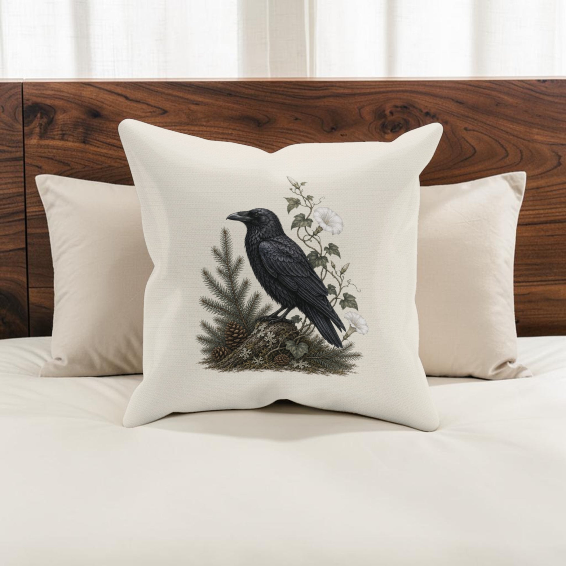 The Quiet Raven Decorative Pillow by Mirabilia Boutique is a 16x16 white woodland decor accent featuring an illustration of a black raven perched on a branch among ferns and white flowers, shown placed on a bed with beige pillows and a wooden headboard.