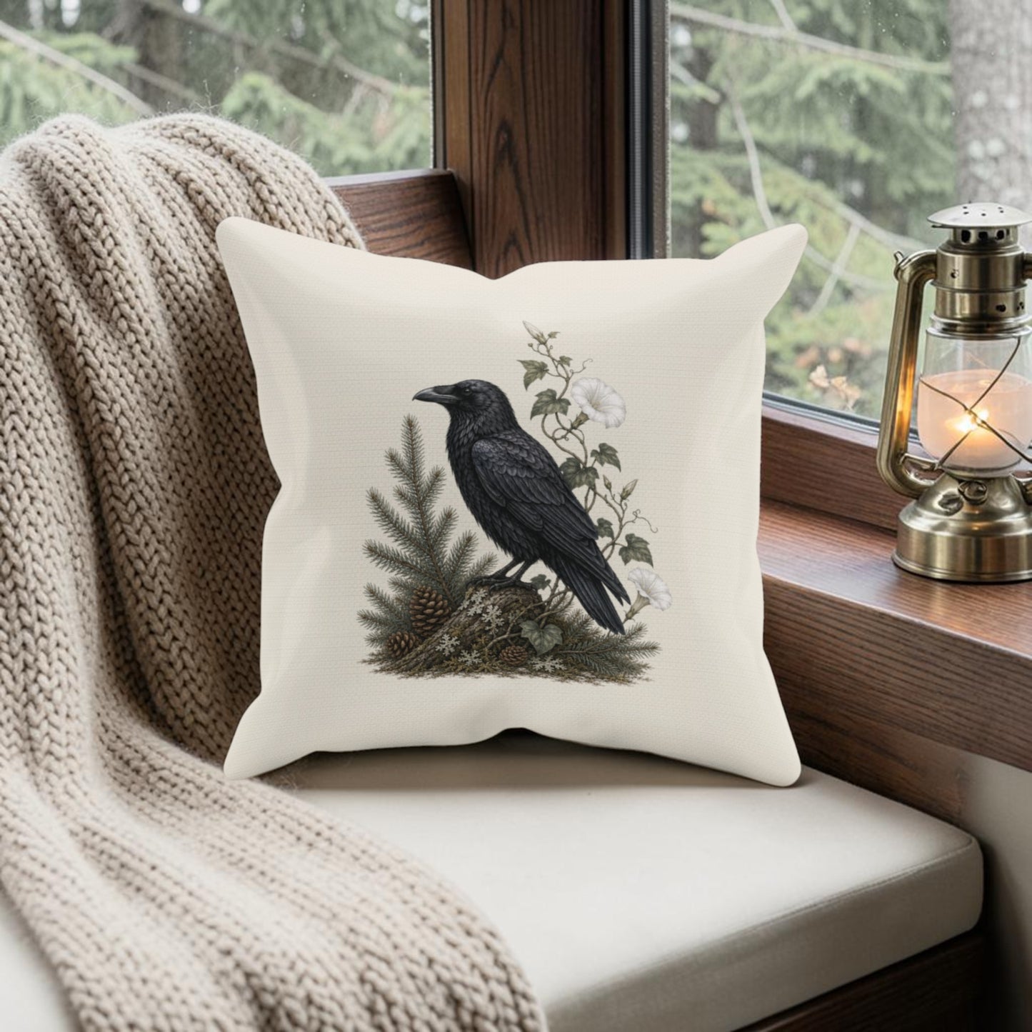 A cozy window seat is adorned with a knitted beige blanket and the Quiet Raven Decorative Pillow by Mirabilia Boutique, featuring a 16x16 woodland design with a raven and botanical motif. A lit lantern sits nearby, while snow-dusted trees can be seen through the window.