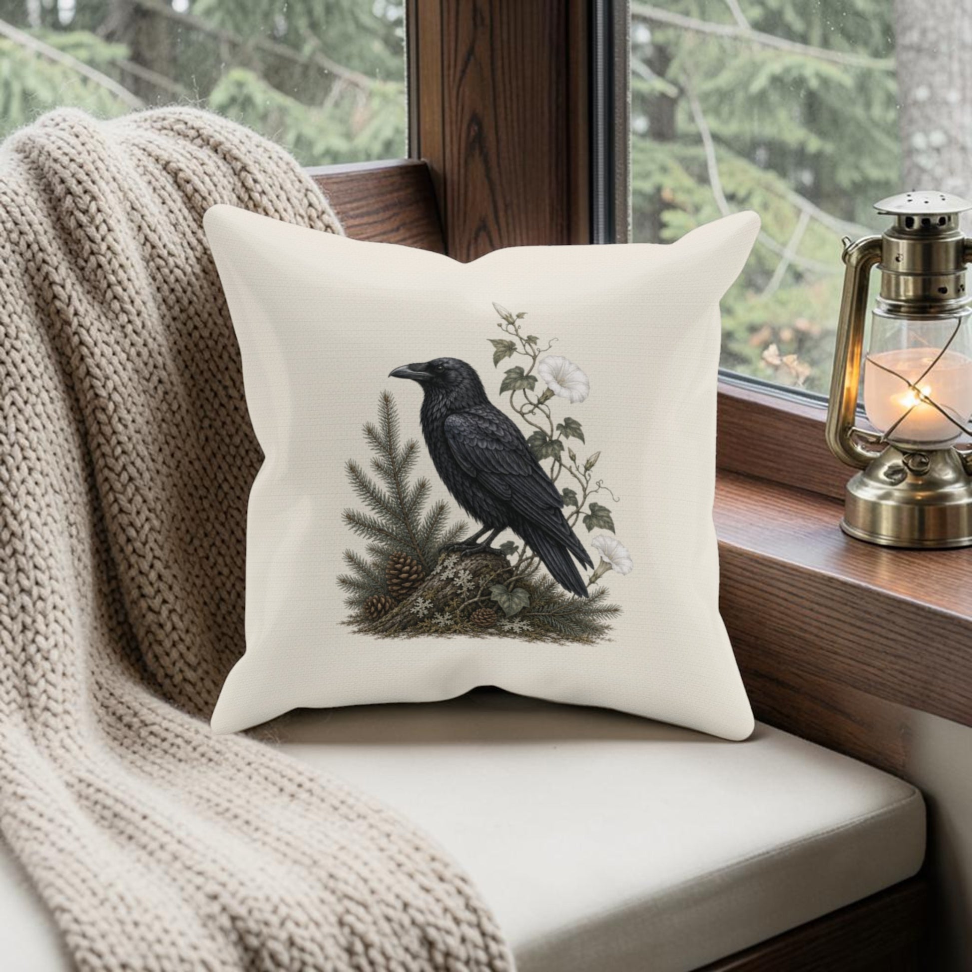 A cozy window seat is adorned with a knitted beige blanket and the Quiet Raven Decorative Pillow by Mirabilia Boutique, featuring a 16x16 woodland design with a raven and botanical motif. A lit lantern sits nearby, while snow-dusted trees can be seen through the window.