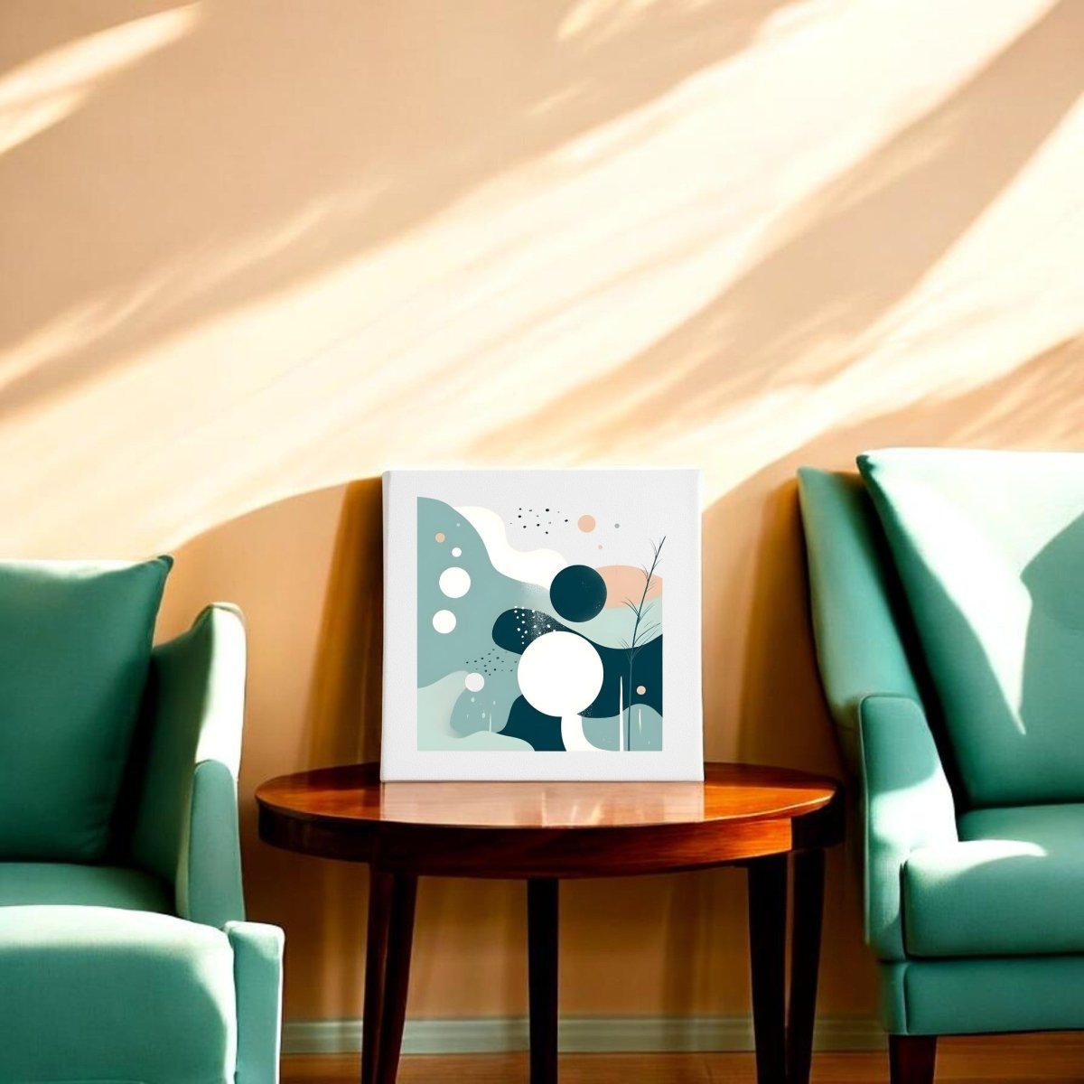 A small round wooden table displays the Quiet Tides Mid Century Modern Canvas by Mirabilia Boutique between two teal armchairs, while sunlight casts leaf shadows on the beige wall behind this coastal artwork.