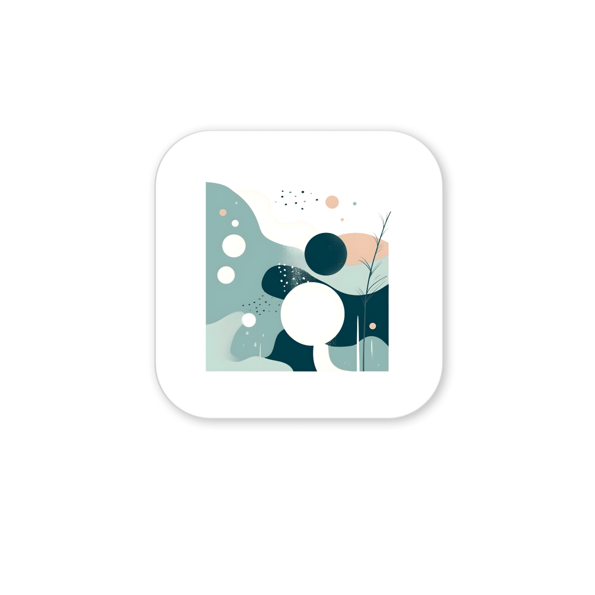 The Quiet Tides Mid Century Modern Magnet by Mirabilia Boutique features teal, peach, and white abstract circles and organic shapes with a plant-like line, all on a white background with a rounded square border—ideal for stylish decor.