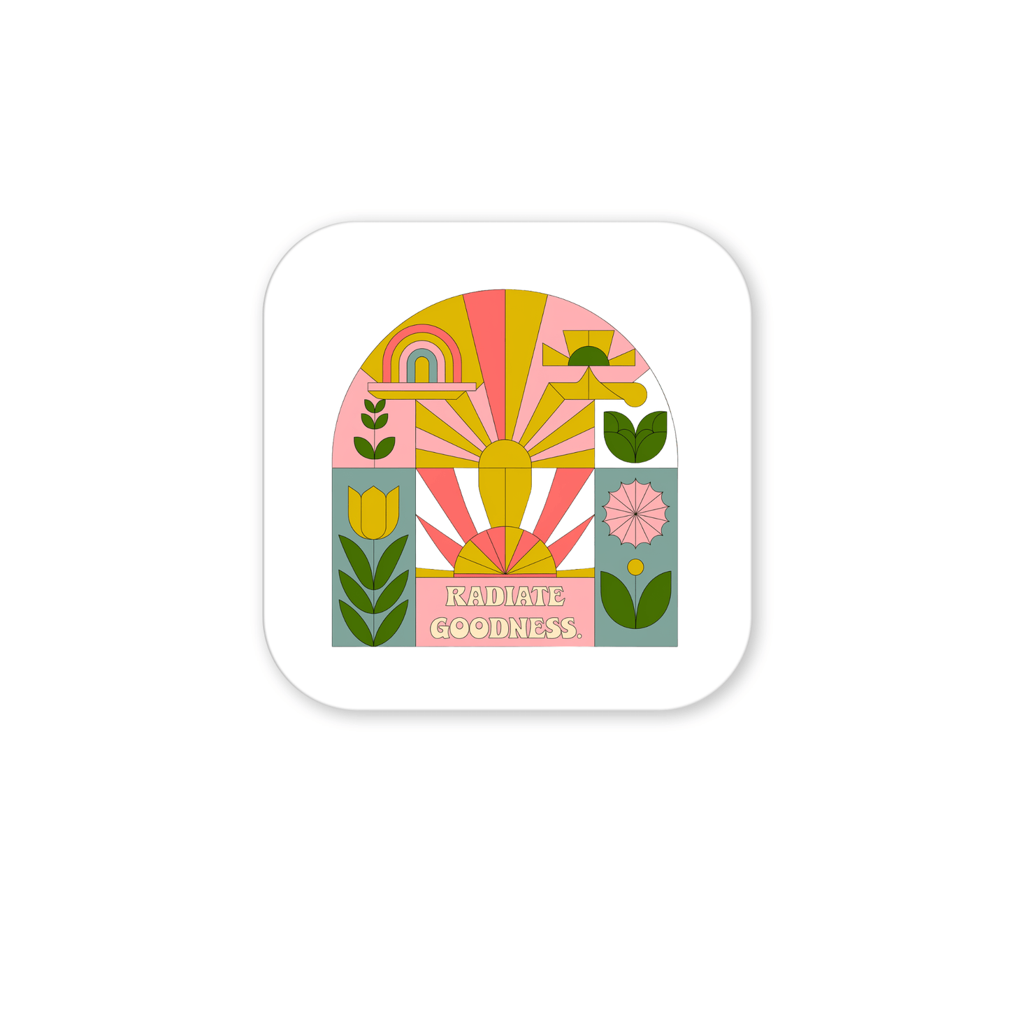 The Radiate Goodness Colorful Floral Magnet by Mirabilia Boutique features a retro design with a yellow sun, pink rays, rainbow, and flowers on a white square—an inspiring addition to any fridge or space.