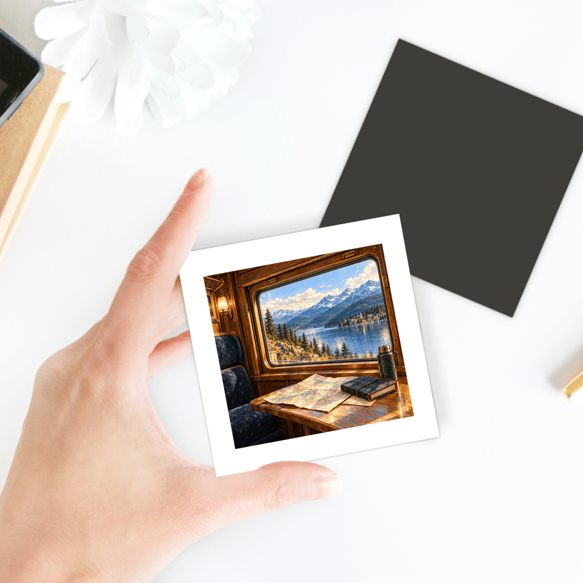 A hand holds a square Window Seat Northbound Magnet featuring an illustration of a train window view overlooking a lake and snow-capped mountains.