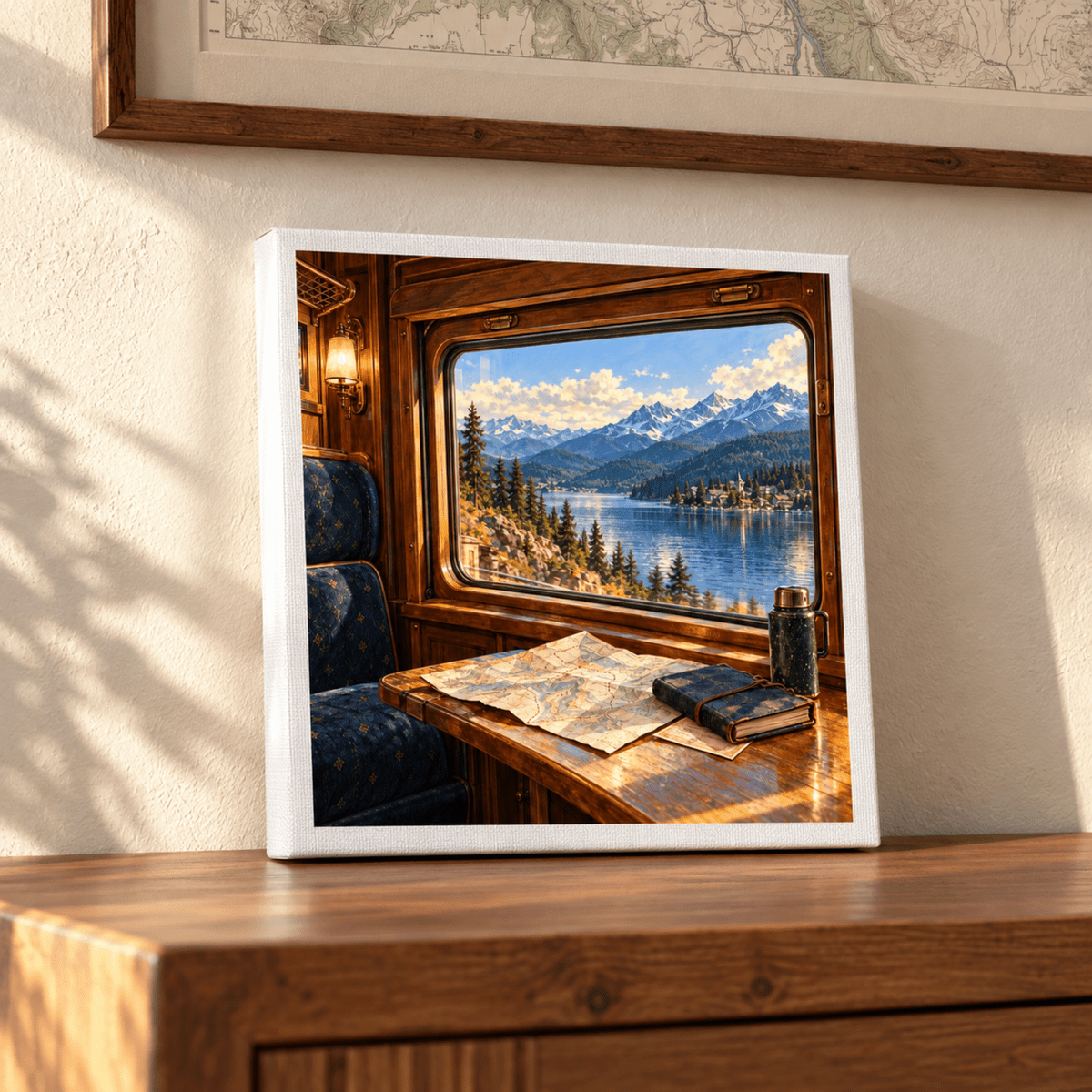 The Window Seat Northbound Canvas by Mirabilia Boutique features a train cabin interior with a wooden table holding a map, a journal, and a thermos, all overlooking a mountain lake painting.