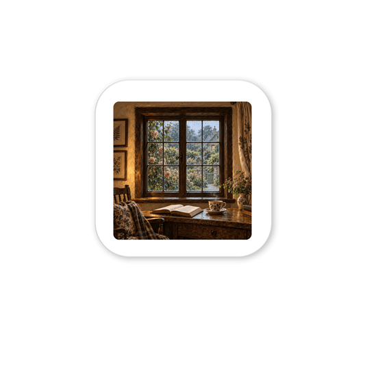 Rain at the Window Art Magnet square magnet depicting a cozy interior with an open book and a steaming cup on a wooden table in front of a window looking out onto a rainy garden, perfect for English cottage decor.