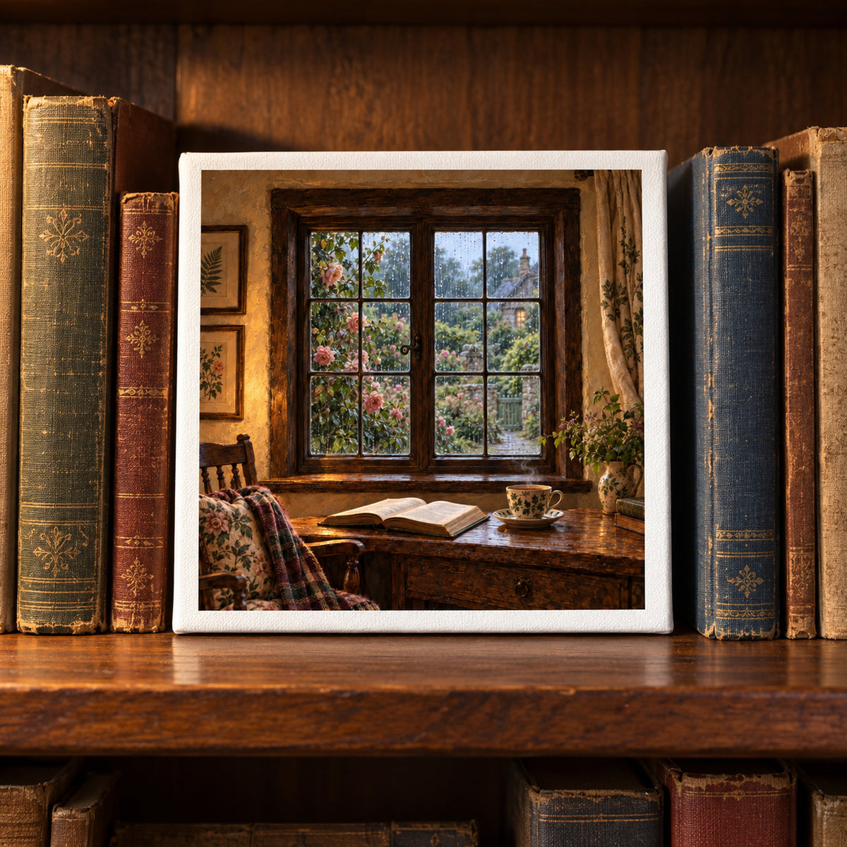 Rain at the Window Canvas by Mirabilia Boutique, a cozy reading nook art print featuring a rainy view from a room with an open book and a steaming cup of tea on a wooden desk, nestled on a shelf between old books.