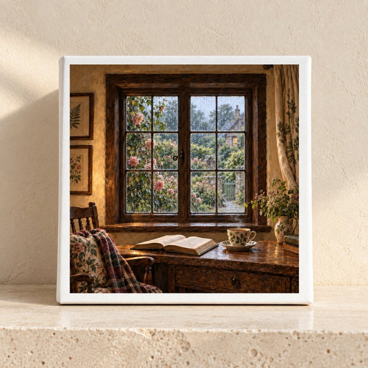 Rain at the Window Canvas | Briar & Gable square print showing a rainy window view of a garden with an open book and steaming cup of tea on a desk, creating a cozy reading nook.