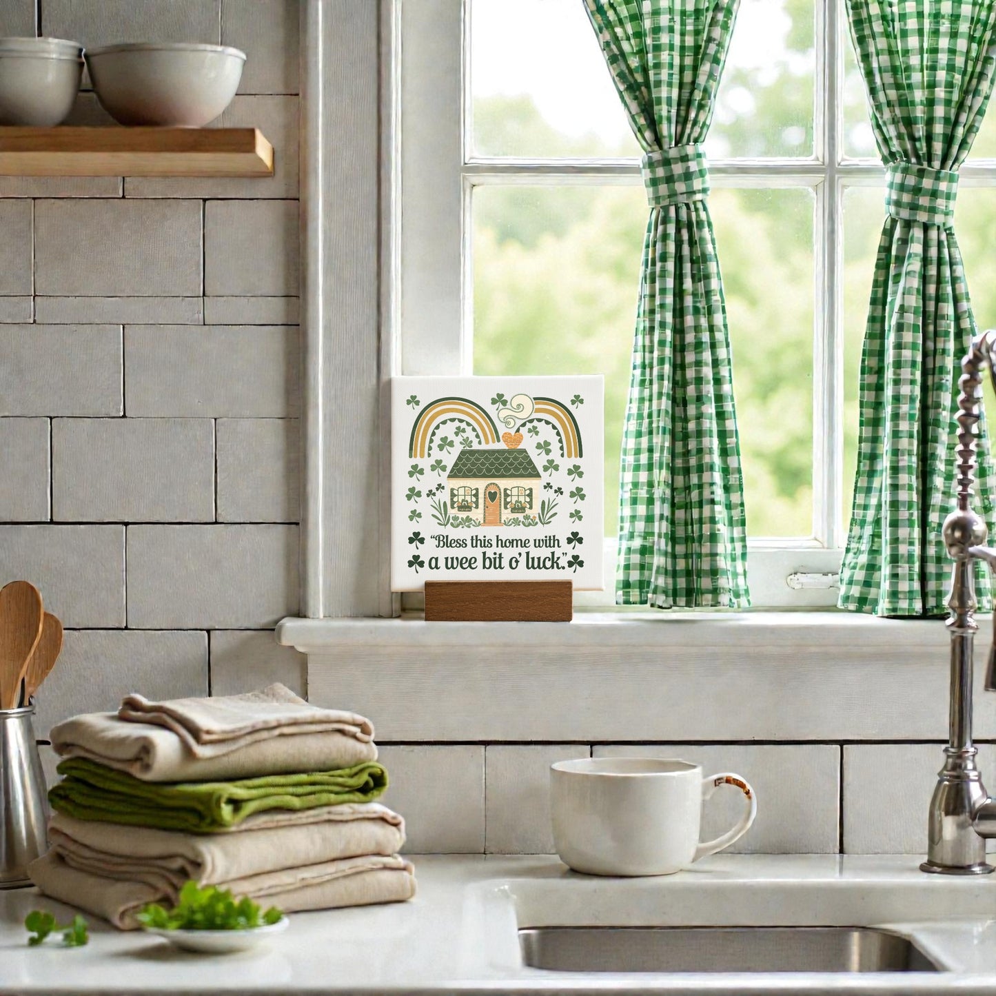 A kitchen windowsill features the Mirabilia Boutique "A Wee Bit of Luck Canvas Sign – Irish Cottage Charm" beside green-checkered curtains, folded towels, and a white cup near the sink's silver faucet.