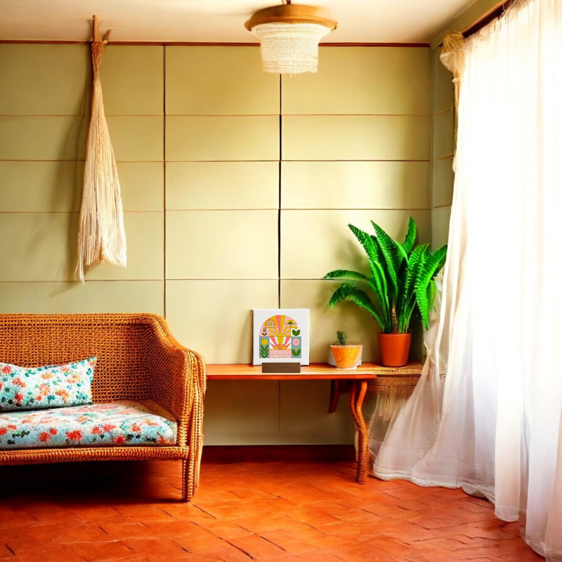 A cozy living room features a rattan sofa, floral cushions, wooden table with potted plants, and the Mirabilia Boutique Radiate Goodness Mini Canvas Sign with Base. Sheer curtains let sunlight in while encouragement decor adds warmth.