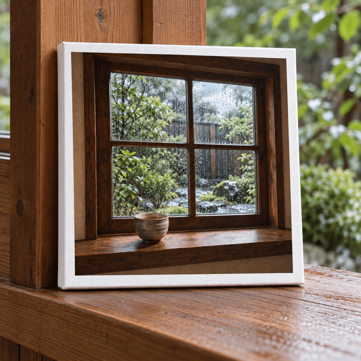After the Rain Window Canvas by Mirabilia Boutique, a square print showing a garden view through a window after the rain, with a small ceramic cup resting on the sill.