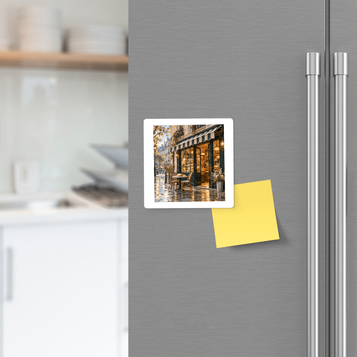 Square The City Before Nine Magnet | Paris Toujours café art magnet depicting a storefront at dawn, placed on a stainless steel refrigerator next to a blank yellow sticky note.