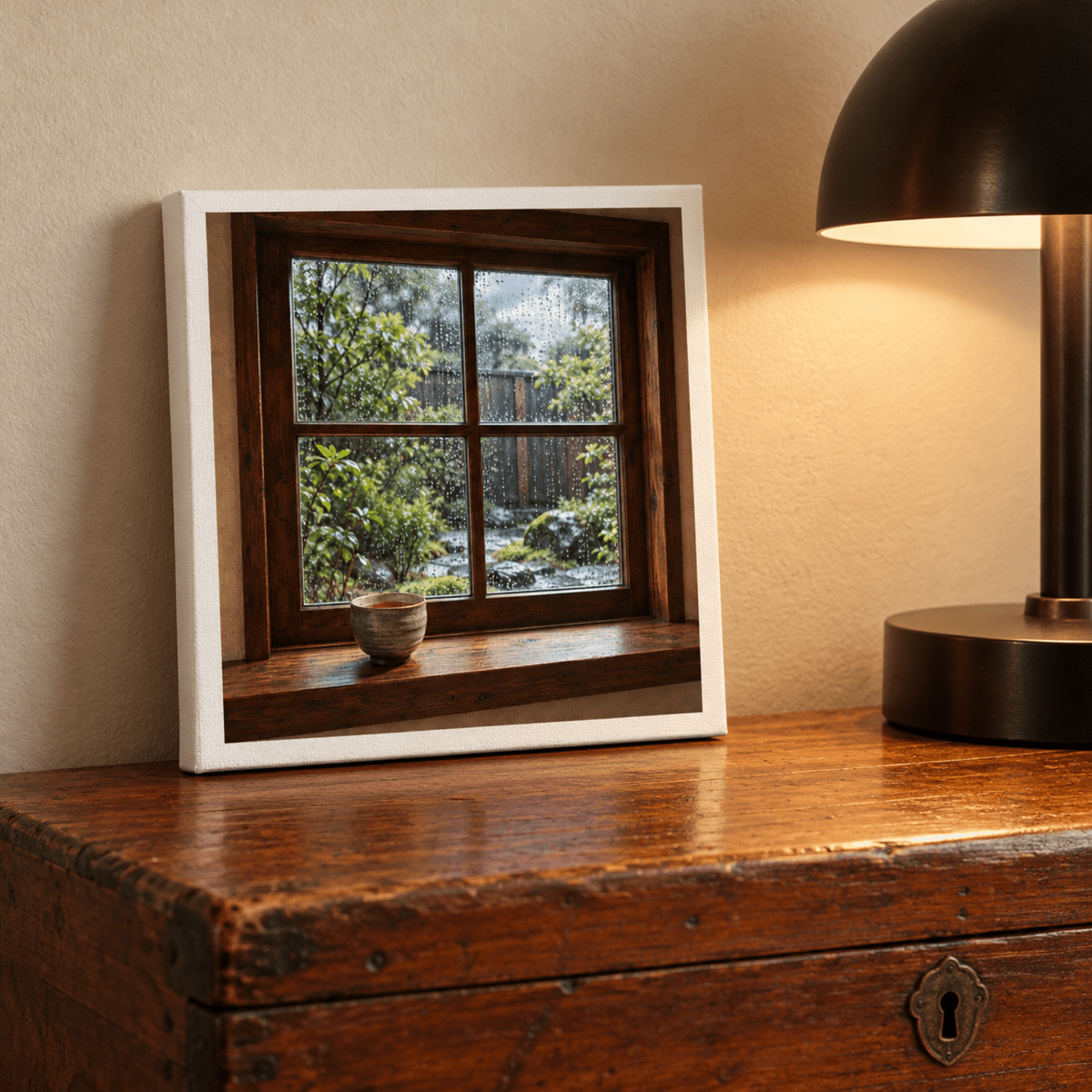 An After the Rain Window Canvas by Mirabilia Boutique, featuring a rainy view through a window with a small cup on the sill, resting on a wooden chest next to a desk lamp.