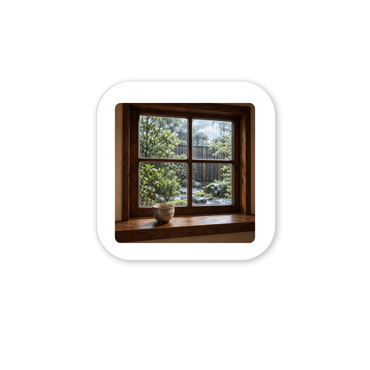 After the Rain Decorative Magnet square garden art featuring a small ceramic bowl sitting on a wooden windowsill overlooking a rainy garden.