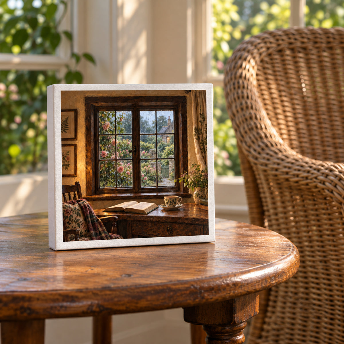 A square Rain at the Window Canvas by Briar & Gable featuring a cottagecore rainy window painting overlooking a desk with an open book and a teacup, displayed on a wooden table.