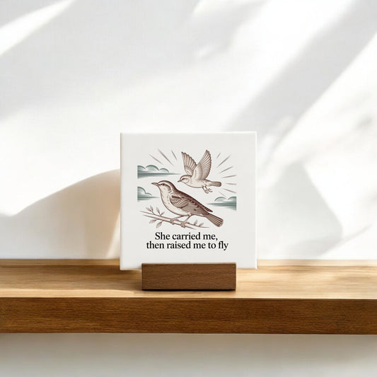 The Raised Me to Fly Mini Sign by Mirabilia Boutique features a mother bird illustration and the words "She carried me, then raised me to fly," making it a thoughtful Mother’s Day gift.