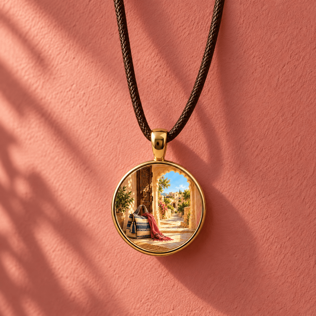 A Before the Road | Story Pendant featuring a circular miniature artwork of a sunlit Mediterranean-style courtyard with a striped bag and red shawl near an arched doorway, suspended on a braided brown cord.
